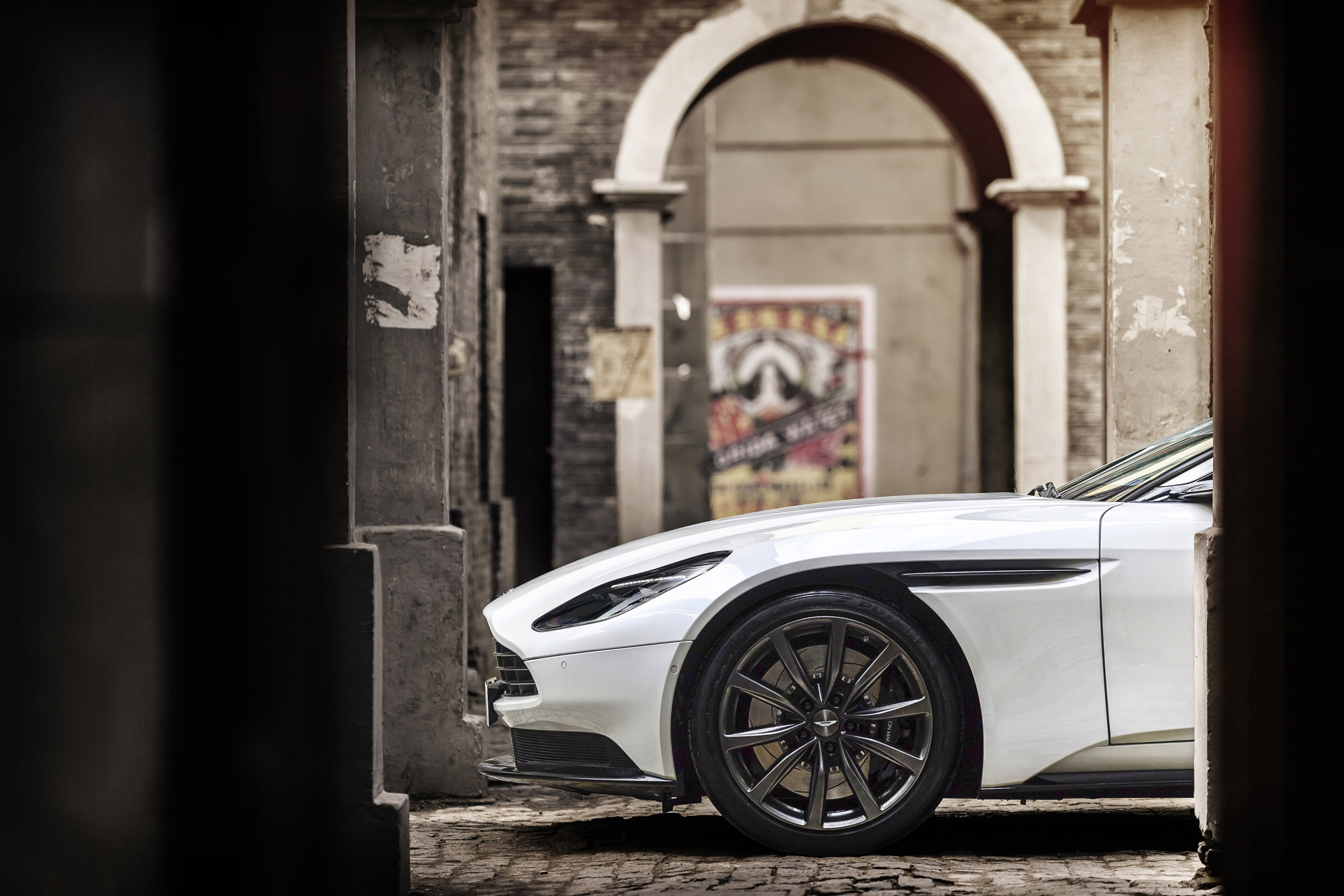 aston martin db11, focus on foreground, history, outdoors, land vehicle, 2018 cars, door, aston martin, motor vehicle, 4k, building, hd, city, mode of transportation, HD Wallpaper