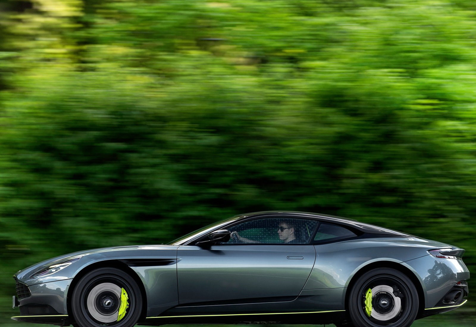 forest, aston, land, no people, travel, silver colored, motor vehicle, mode of transportation, green color, martin, 720P, nature, retro styled, blurred motion, HD Wallpaper