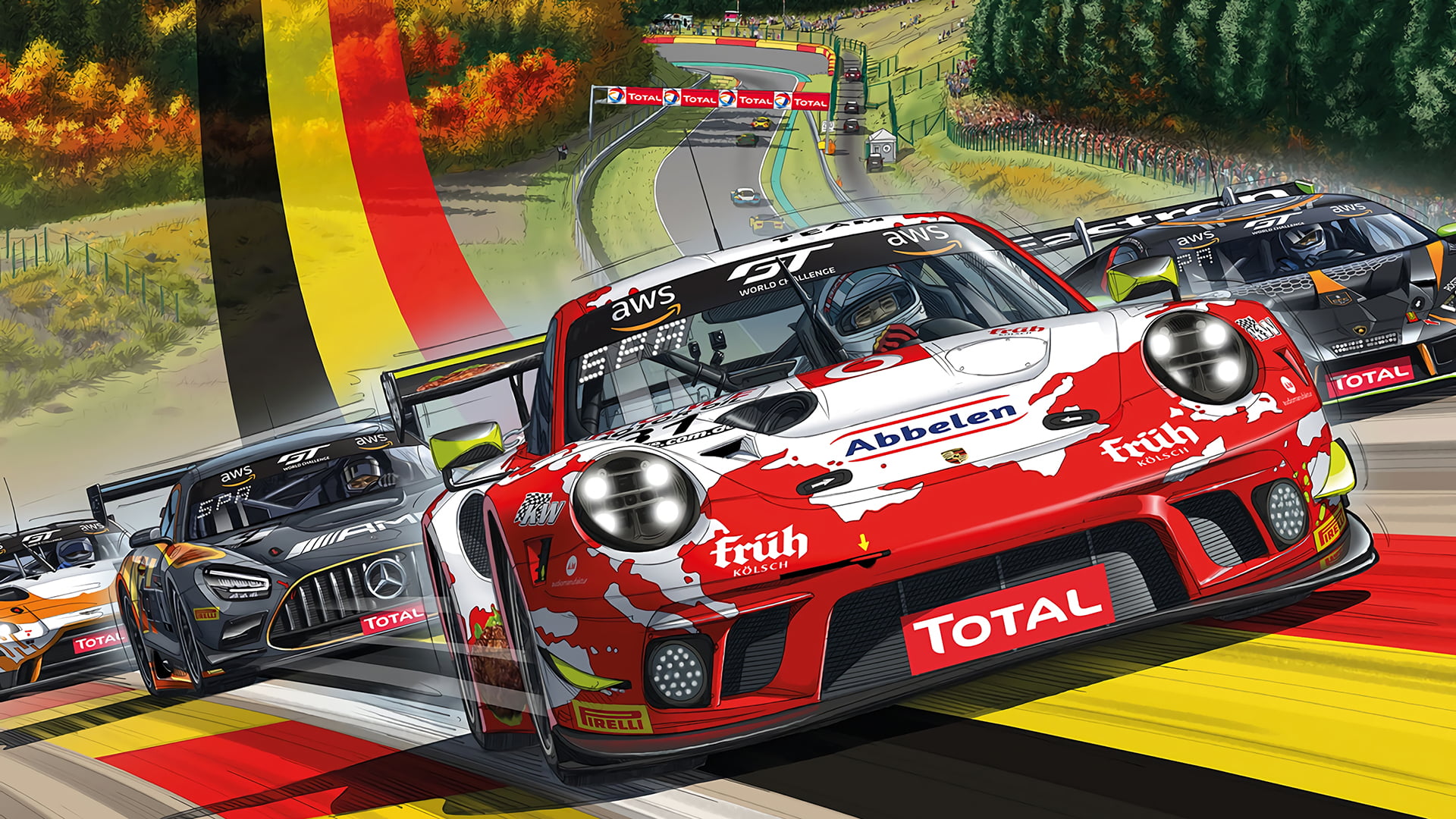 digital art, car, Lamborghini Huracan GT3, Aston Martin Vantage AMR GT3, 1080P, 2019 Porsche 911 GT3 R (991), Mercedes AMG GT3, HD Wallpaper