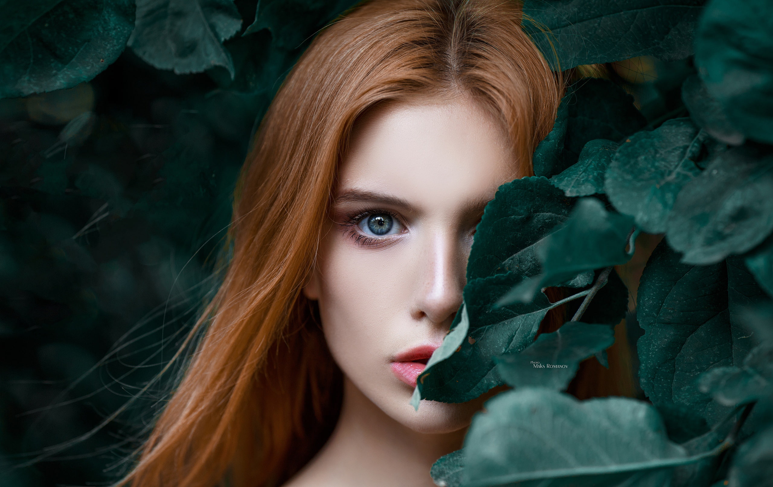women, leaves, 2K, portrait, redhead, closeup, model, Maks Romanov, HD Wallpaper