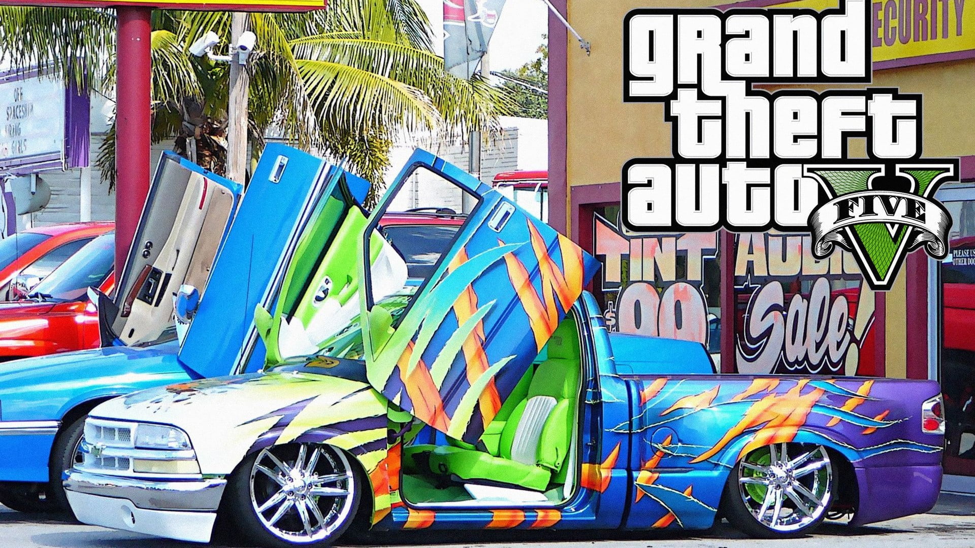 motor vehicle, land vehicle, mural, art and craft, multi colored, mode of transportation, communication, video games, architecture, creativity, Rockstar Games, HD Wallpaper