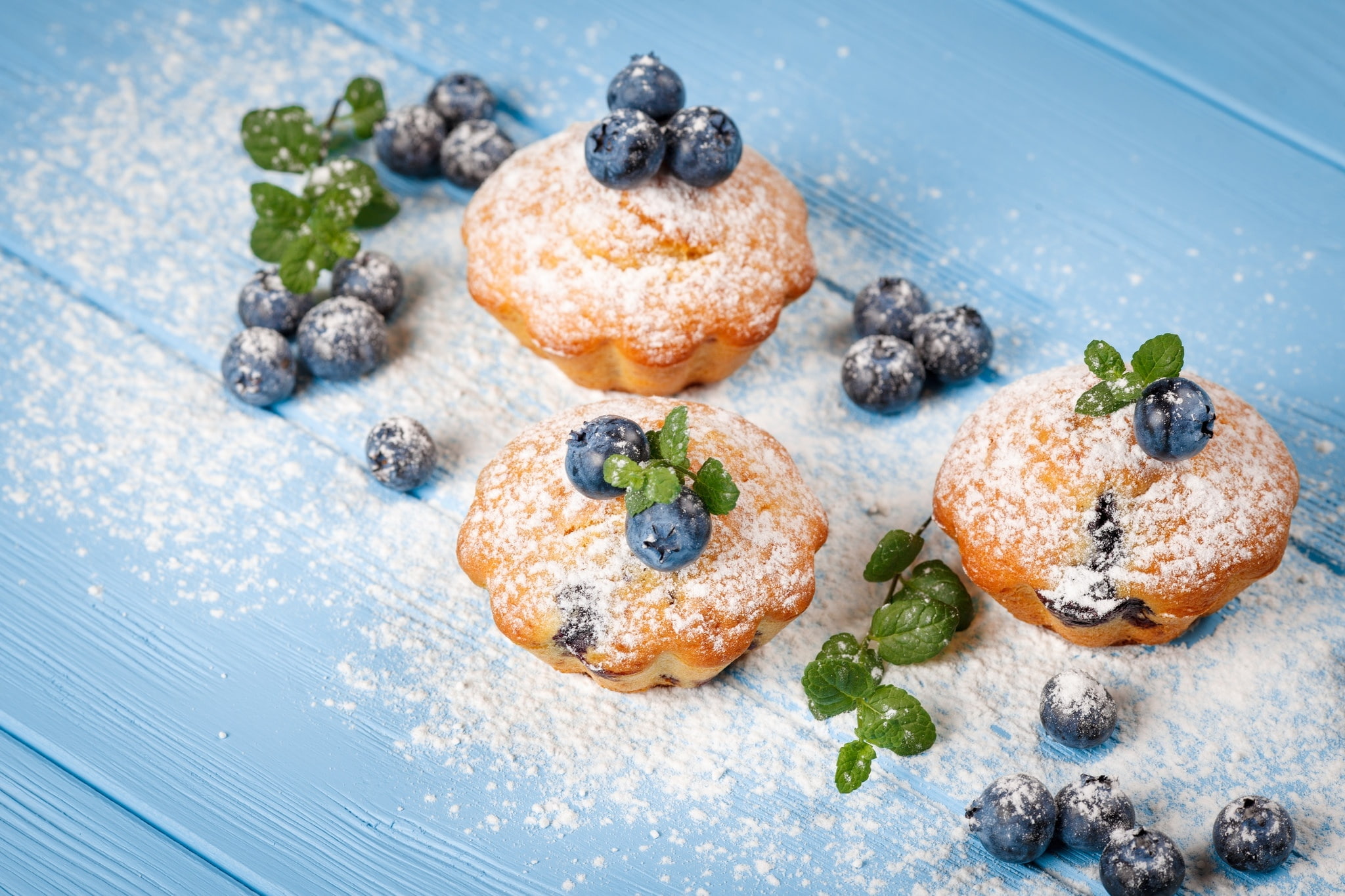 no people, blueberries, 1080P, sweet, studio shot, cake, powdered sugar, fruit, mint leaf - culinary, herb, indoors, indulgence, blueberry, blue, garnish, HD Wallpaper