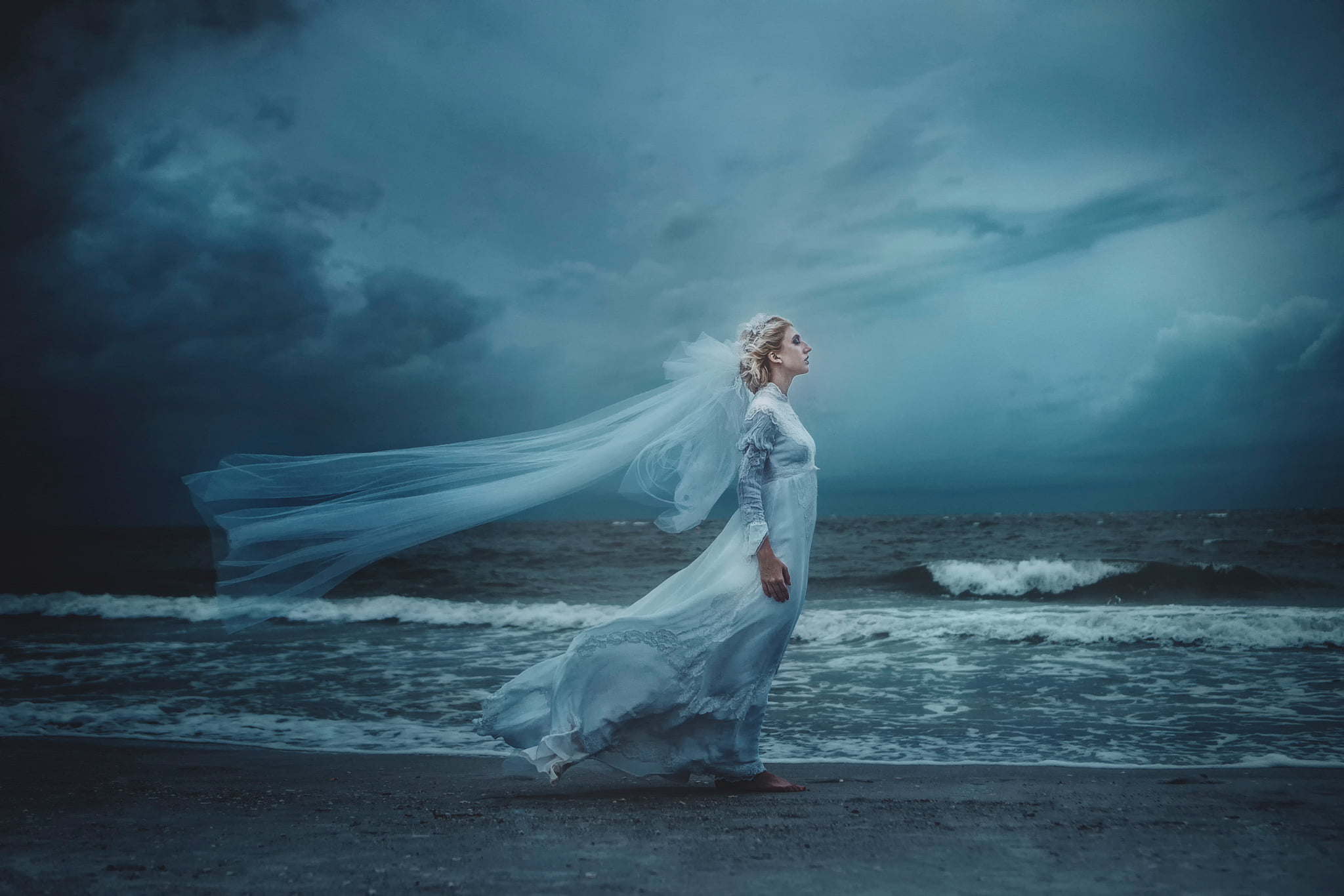 women, wind, TJ Drysdale, the bride, adult, water, motion, land, sea, wave, sky, real people, young adult, nature, the wind, outdoors, young women, beach, HD Wallpaper
