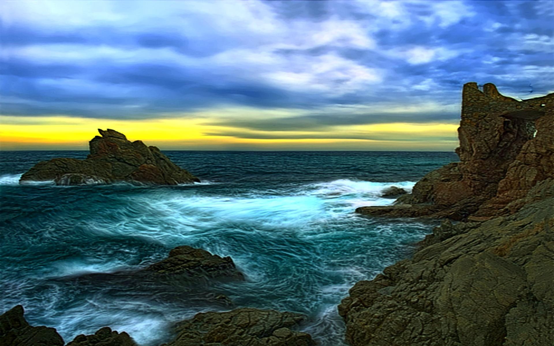 rocks, ocean, creamy white, colorful, 1080P, 3d and abstract, wave, clouds, crazy, HD Wallpaper