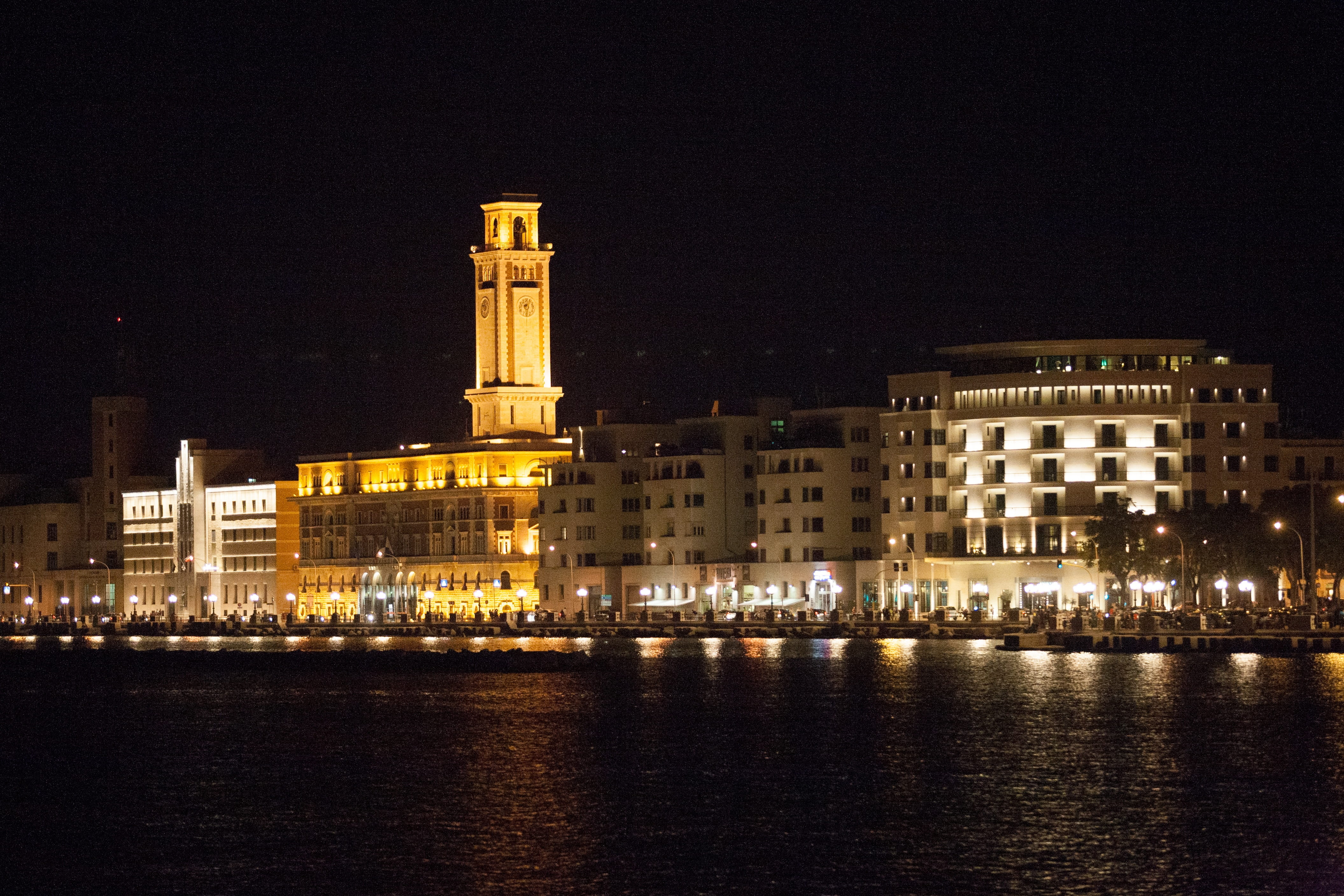 Waterfront, building, city, travel Locations, sky, nature, illuminated, night, architecture And Buildings, clear sky, copy space, Bari, built structure, HD Wallpaper
