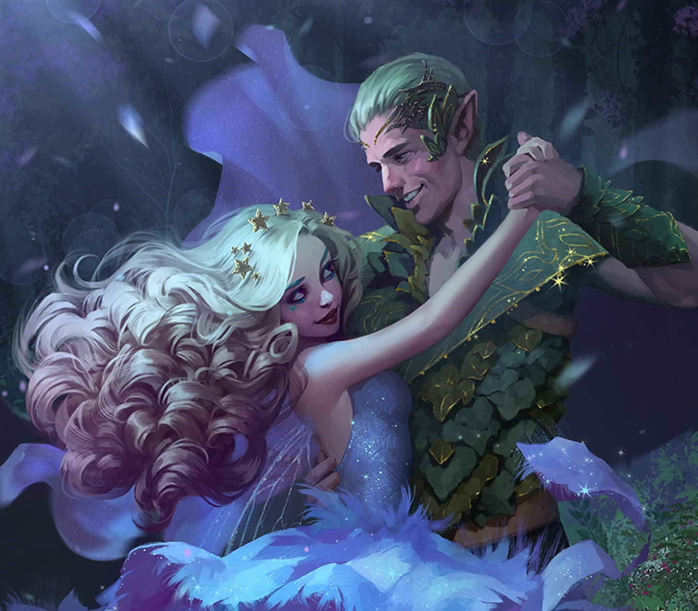 elf, luminos, man, art, girl, tsvetka, fantasy, Nocturnal dance, blue, willow, 720P, green, couple, nocturnal dancer, HD Wallpaper