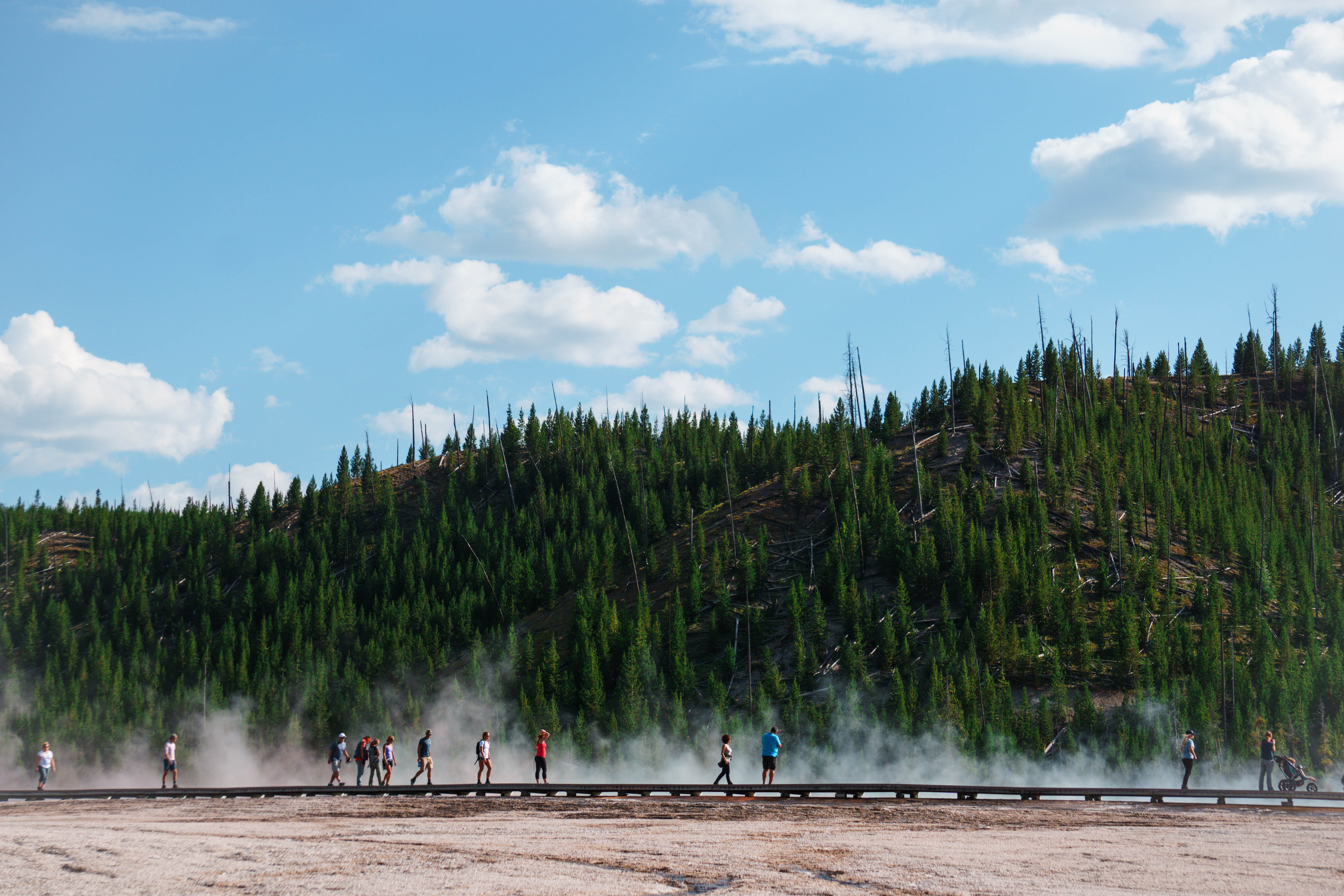 mountain, crowd, sky, spring, large group of people, water, group of people, cloud - sky, grand prismatic spring, forest, beauty in nature, lake, women, HD Wallpaper
