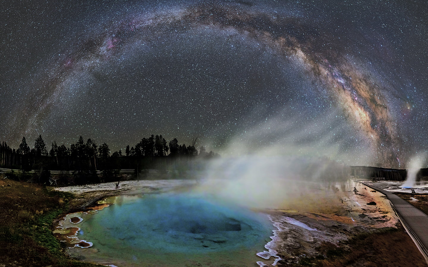 yellowstone, water, milky, way, steam, 720P, galaxy, hd, stars, pond, nature, body, night, HD Wallpaper