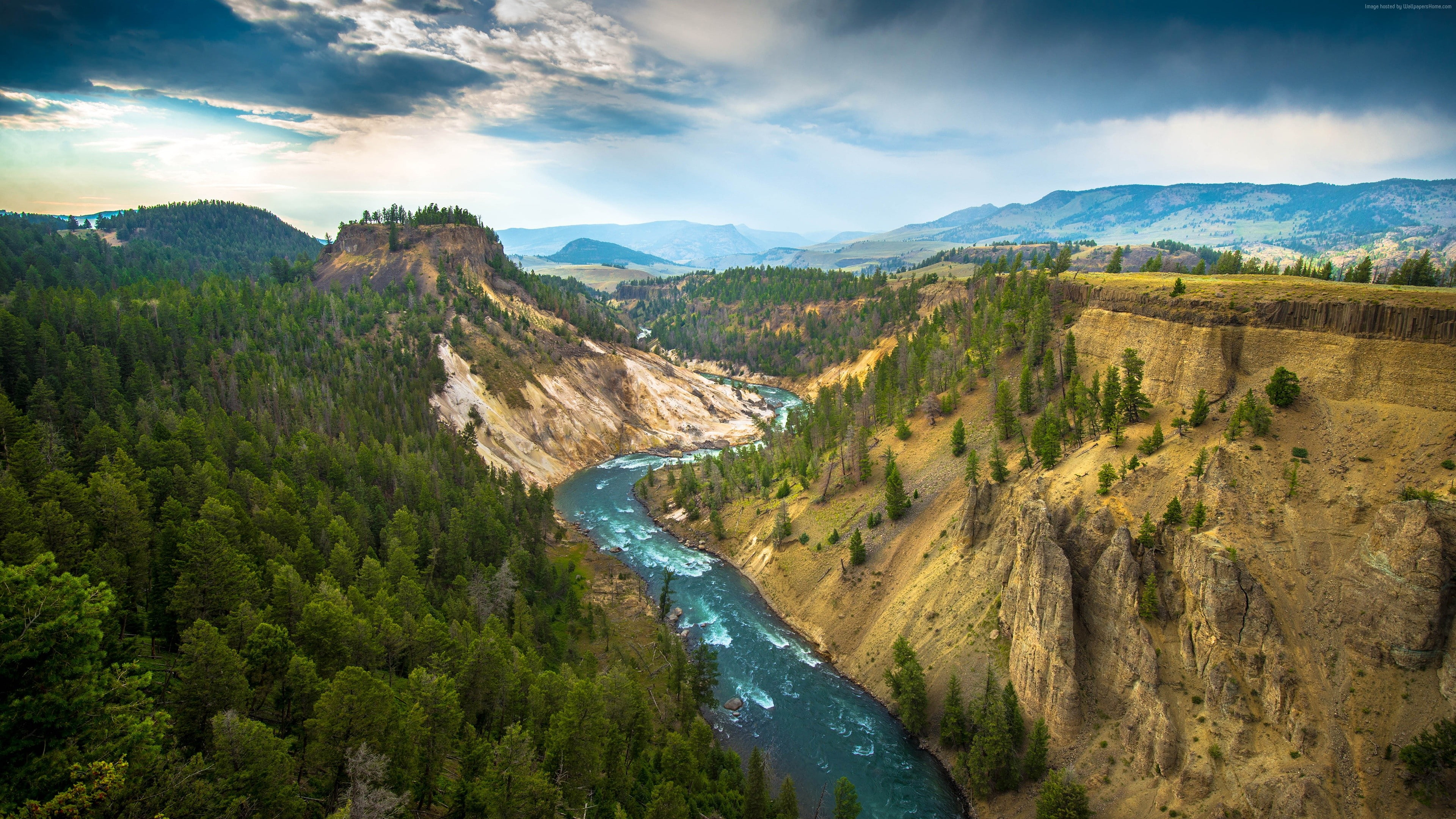 tourism, USA, 5k, 4k, 4K, travel, river, Yellowstone Landscape, HD Wallpaper