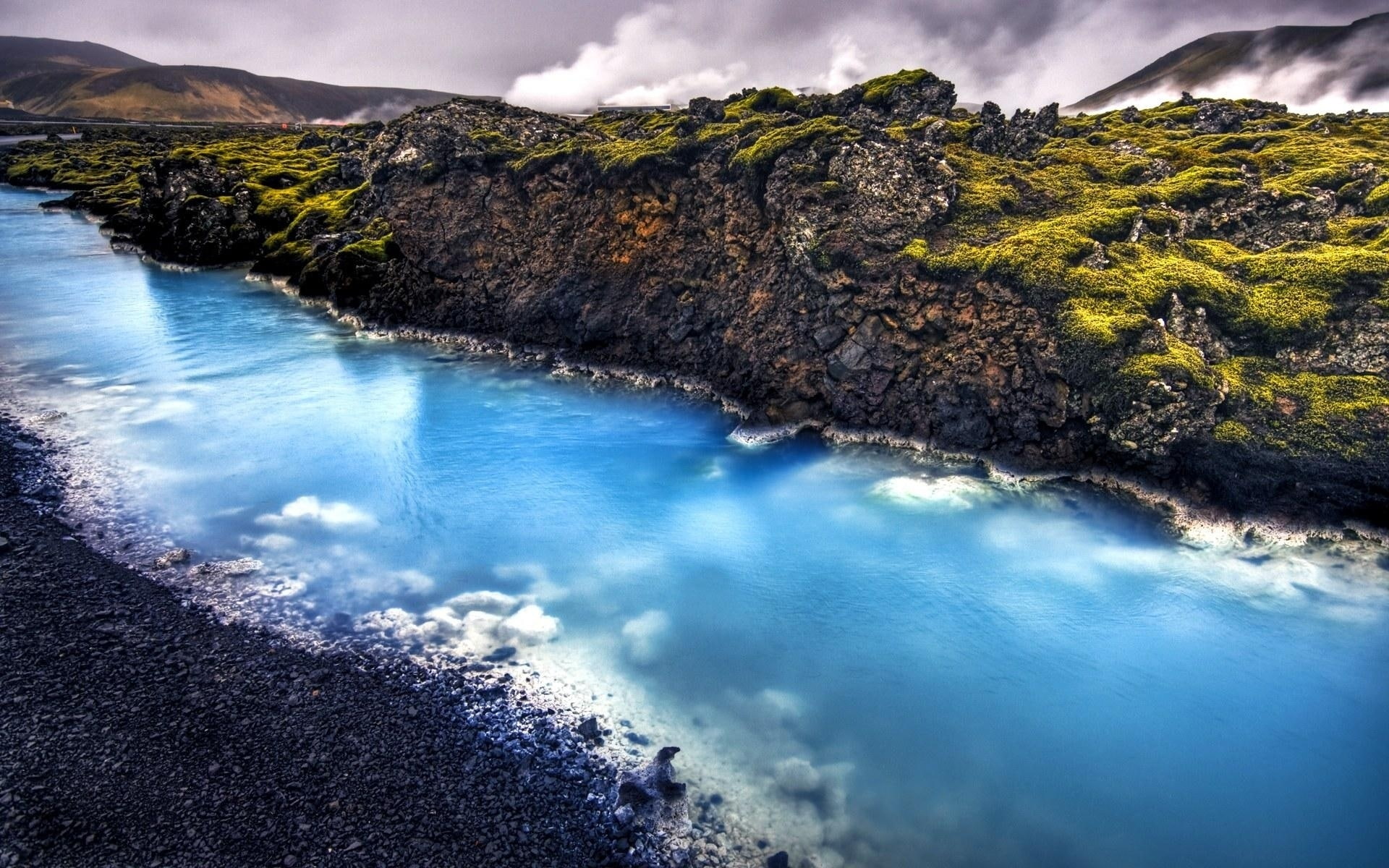 1080P, geothermal, water, cumulus, stream, clouds, iceland, grass, green, landscape, rock, mountain, blue, near, calcite, HD Wallpaper