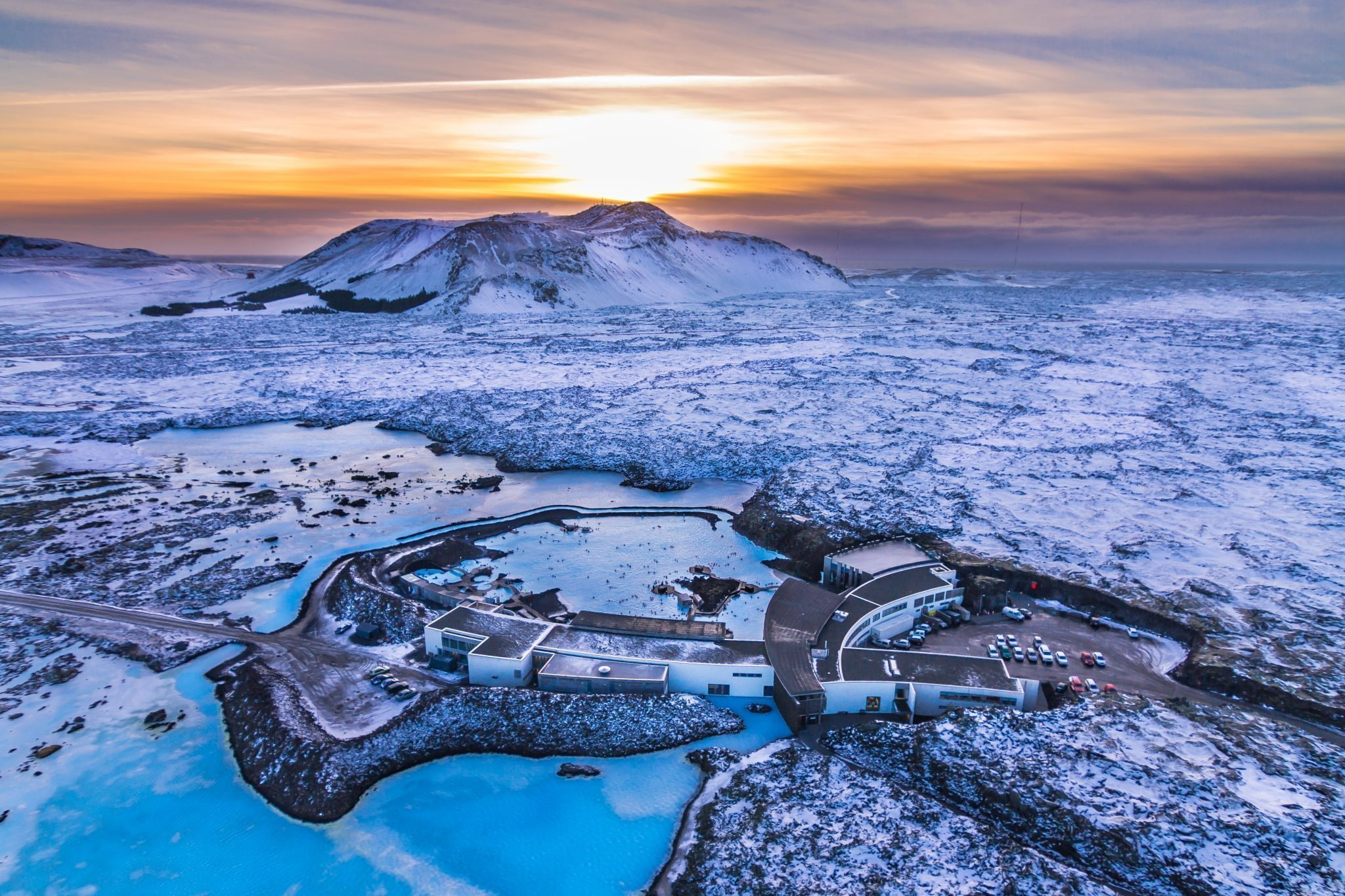 winter, sunset, geysers, snow, lake, Iceland, Tourism, 1080P, ice, landscape, aerial view, mountains, blue, nature, HD Wallpaper