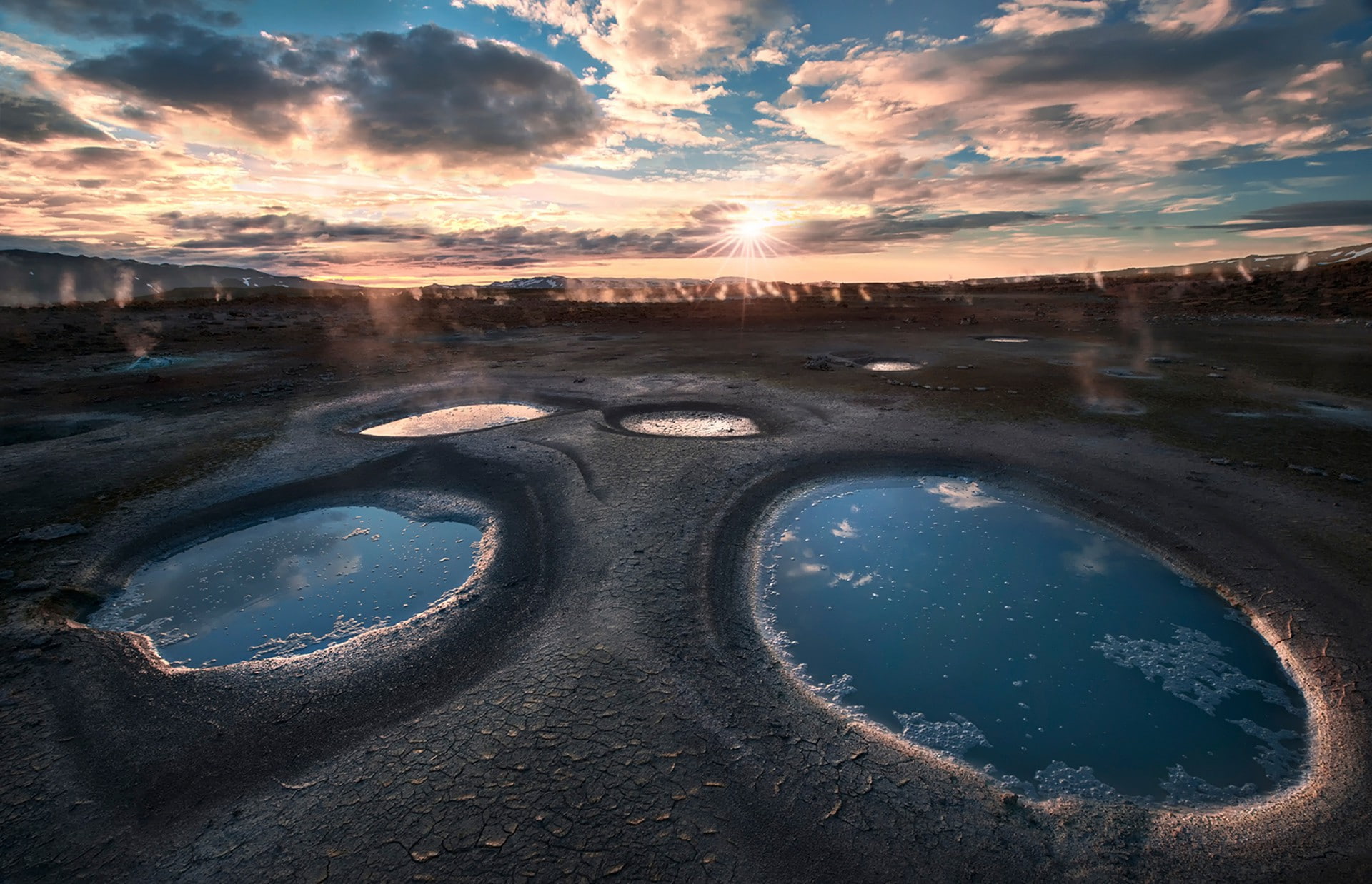 geysers, sun, Iceland, 1080P, HD Wallpaper