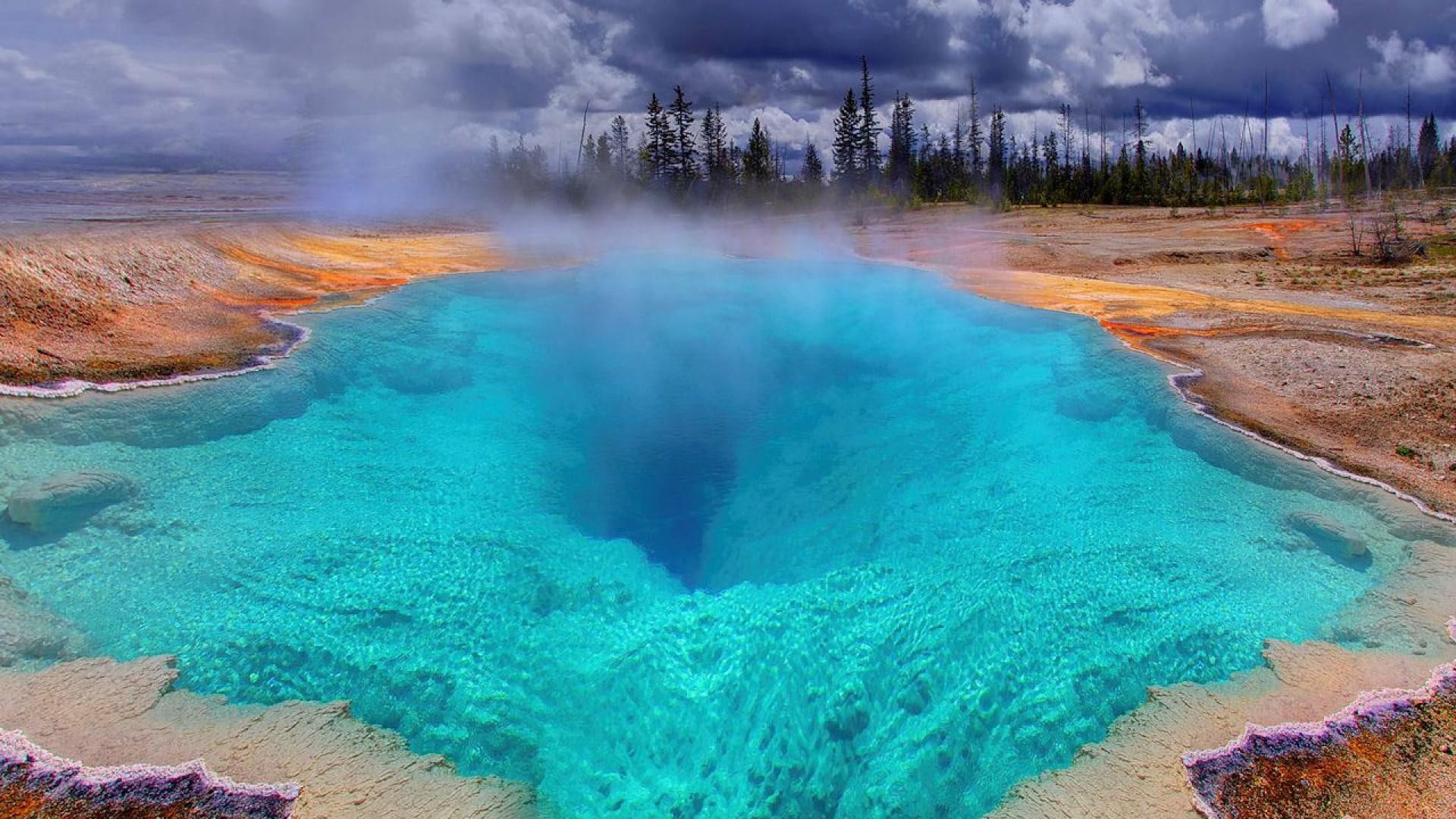 blue, hole, hot springs, steam, colors, 1080P, wyoming, nature and landscapes, geyser, HD Wallpaper
