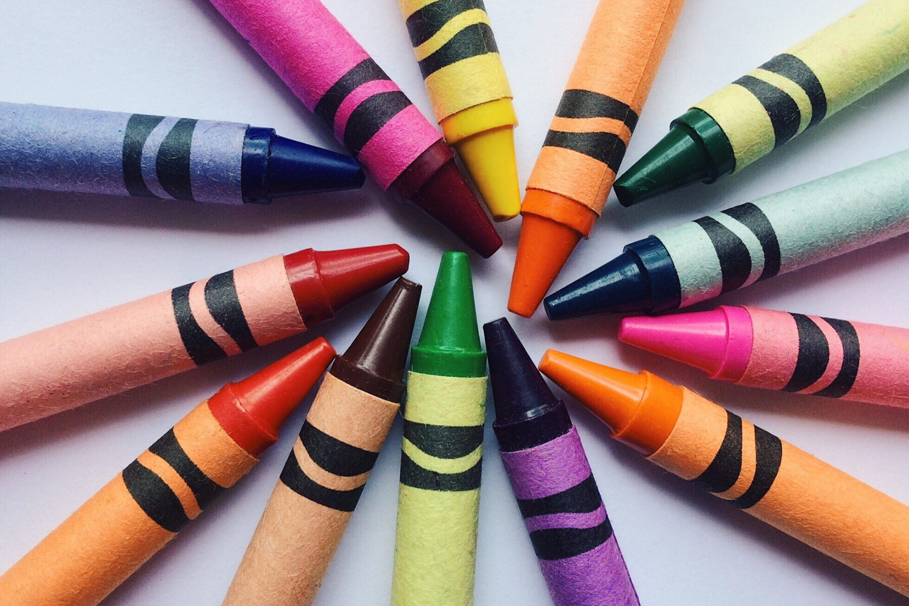 bright, drawing, school, multi colored, art and craft, backgrounds, 2K, crayons, vibrant color, group of objects, still life, indoors, various, high angle view, HD Wallpaper