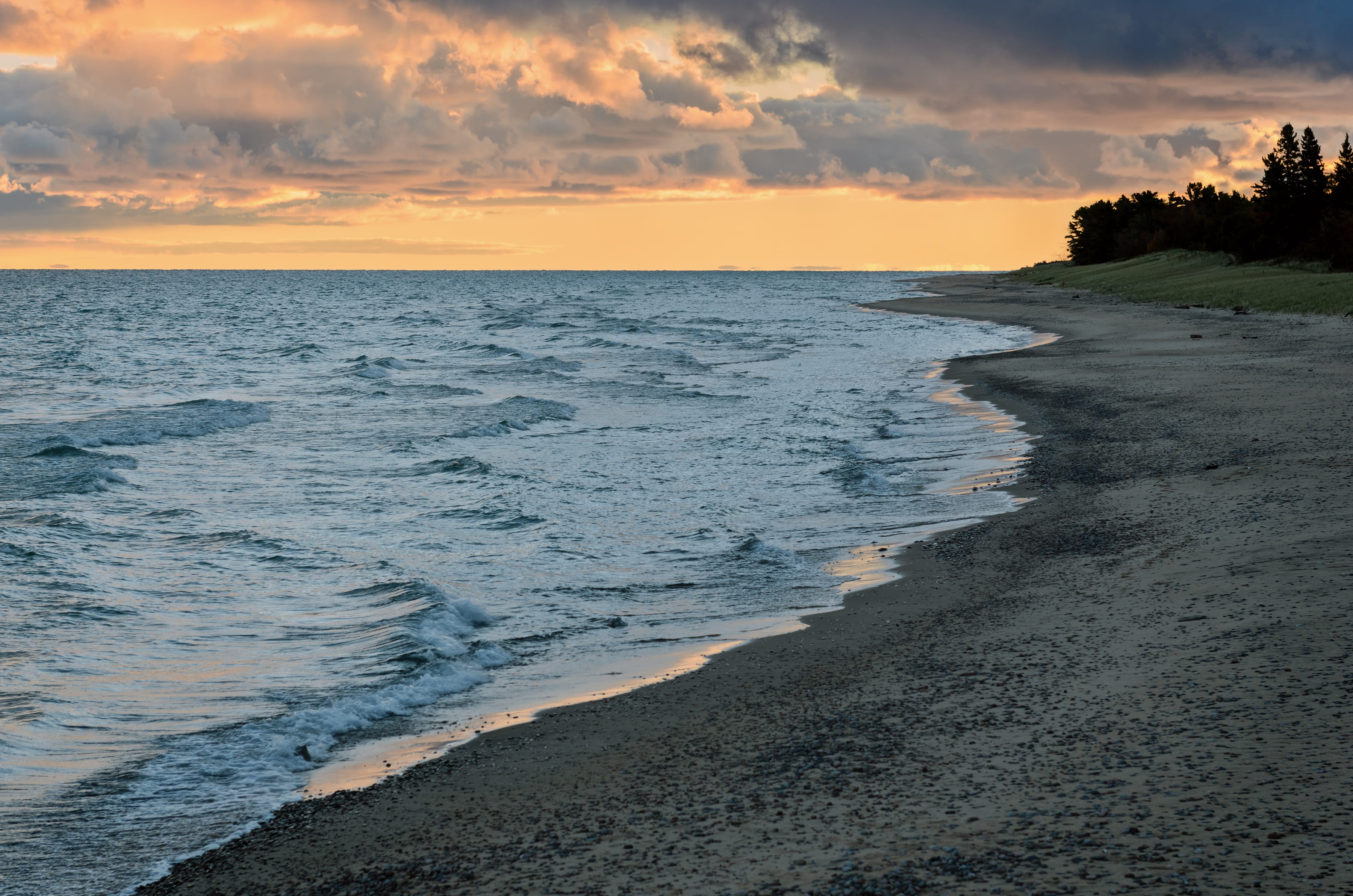 orange, shoreline, waves, sport, lake superior, lake, horizon, vivid, water, nature, weather, dusk, beach, landscape, surfing, spectrum, tranquil scene, HD Wallpaper