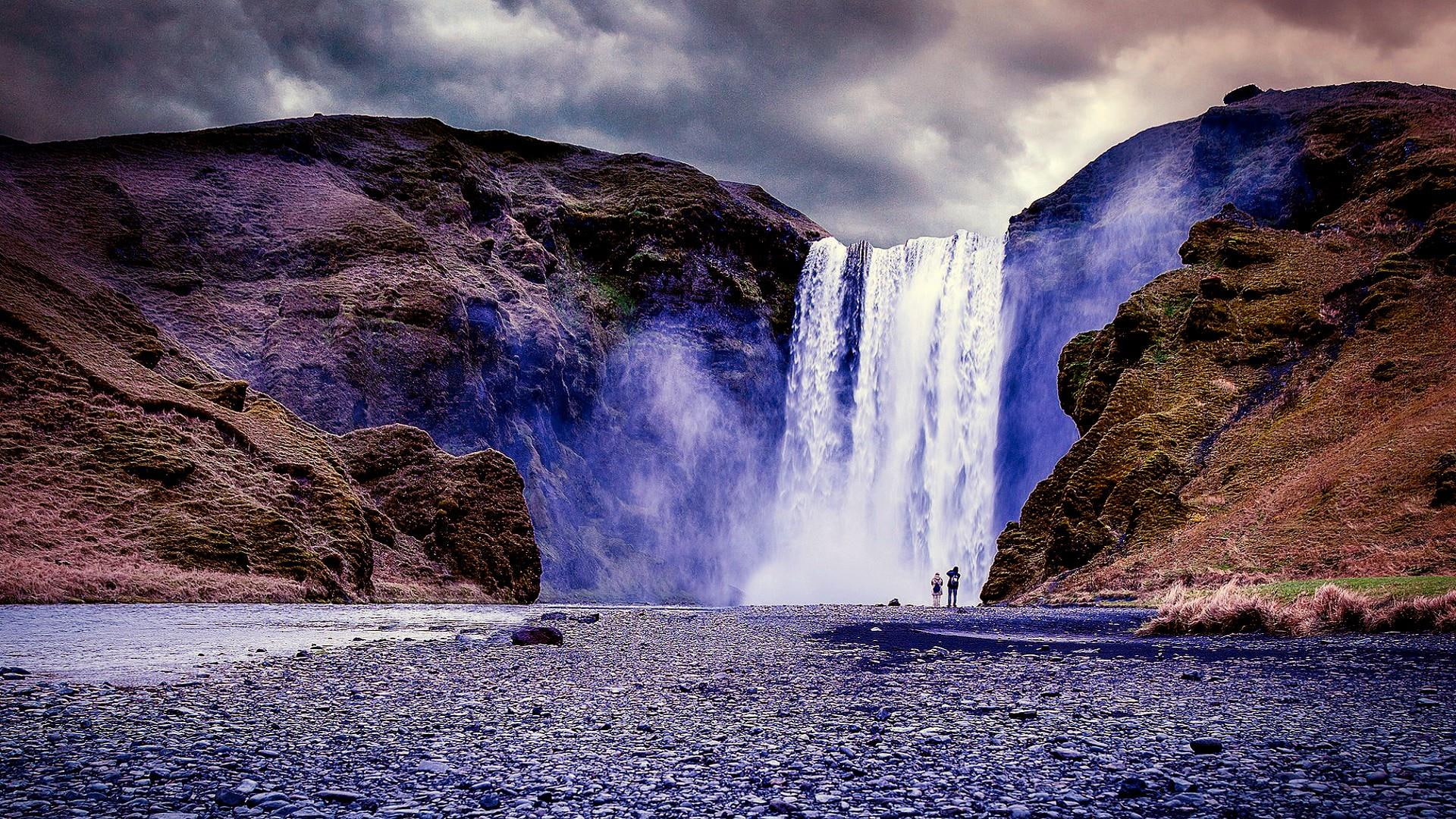 stunning, rocks, skogafoss, cliffs, river, gorgeous, iceland, cloudy, amazing, wet, 1080P, waterfall, europe, rock, HD Wallpaper