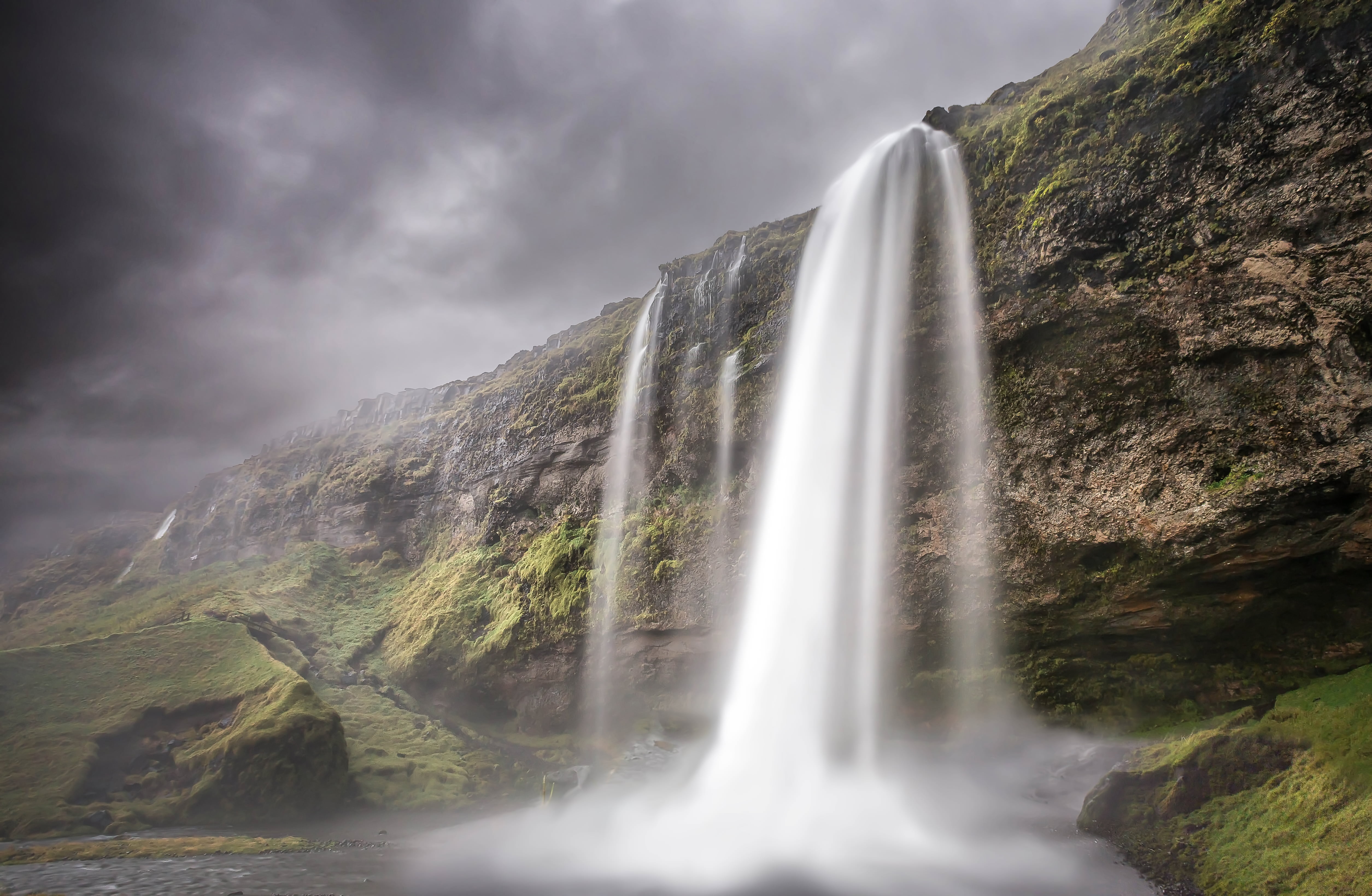Seljalandsfoss, falls, mist, nature, Waterfall, clouds, Iceland, fog, scenics, outdoors, One, Long Exposure, river, Vincent, 4K, mountain, Skogafoss, water, HD Wallpaper