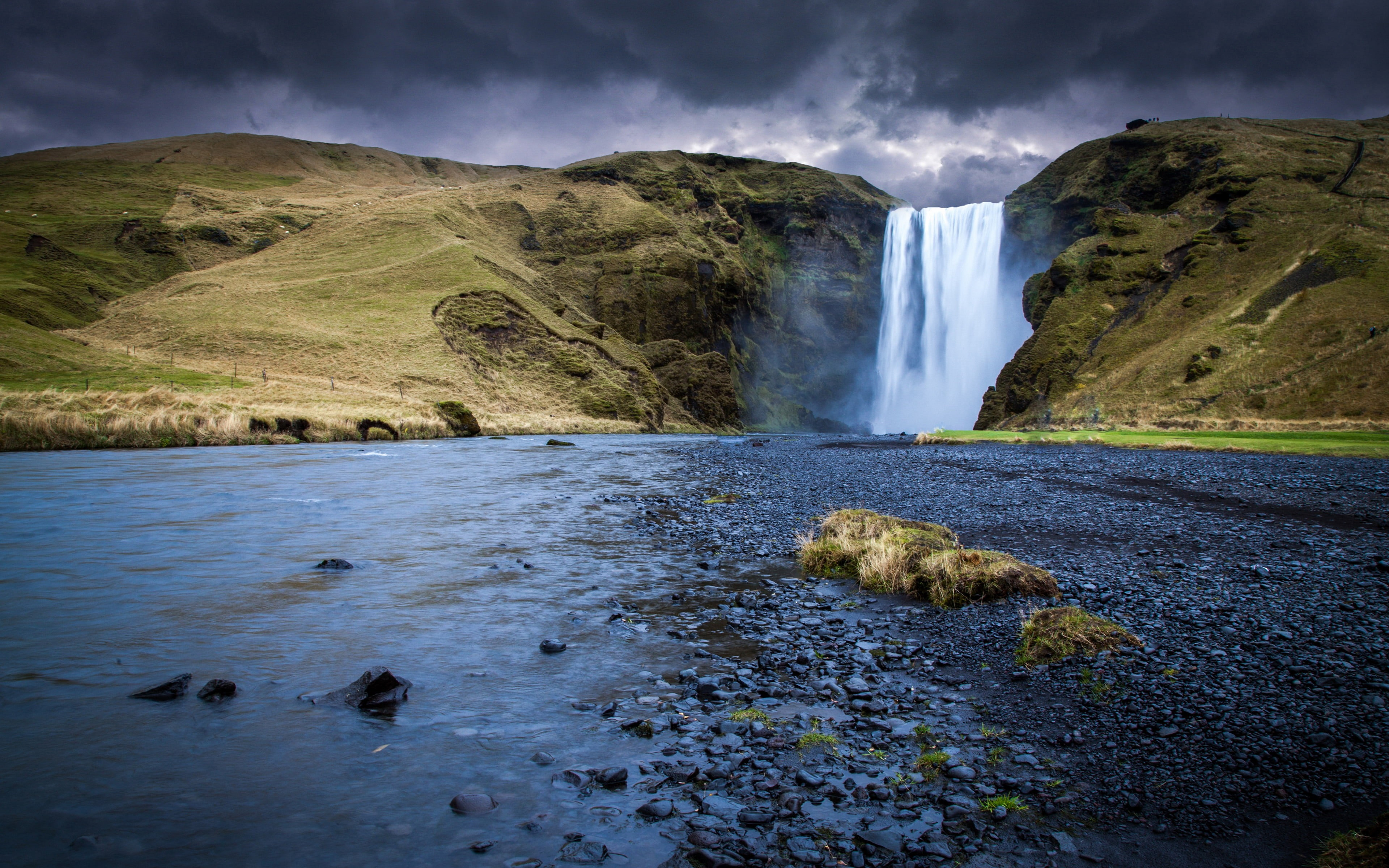 waterfall, no people, rock - object, k, stream - flowing water, scenics - nature, skogafoss, outdoors, blurred motion, land, rock, long exposure, beauty in nature, HD Wallpaper