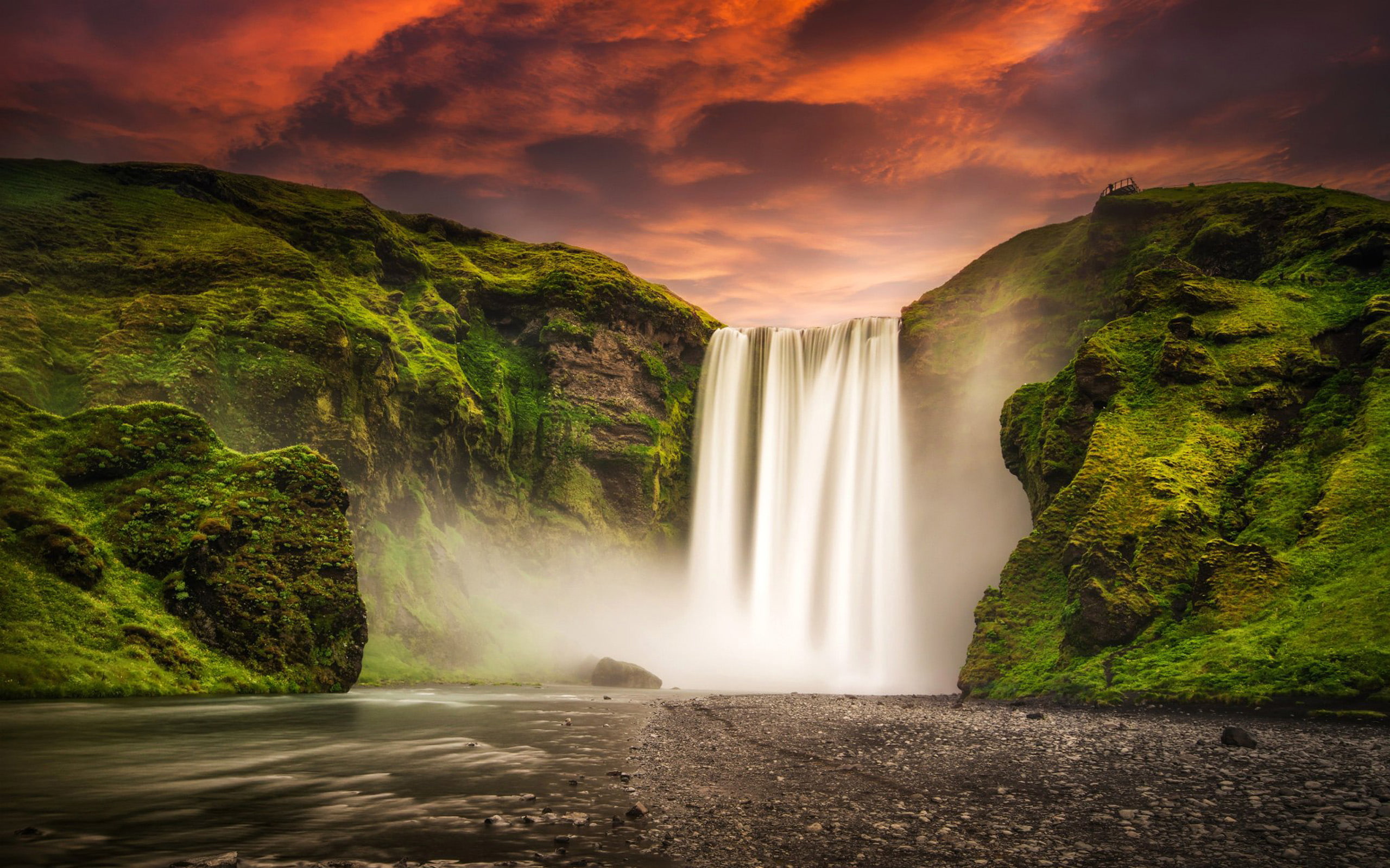 cloud, rocky, green, covered, waterfall, mobile, red, sunset, coast, south, iceland, skogafoss, moss, 2K, HD Wallpaper
