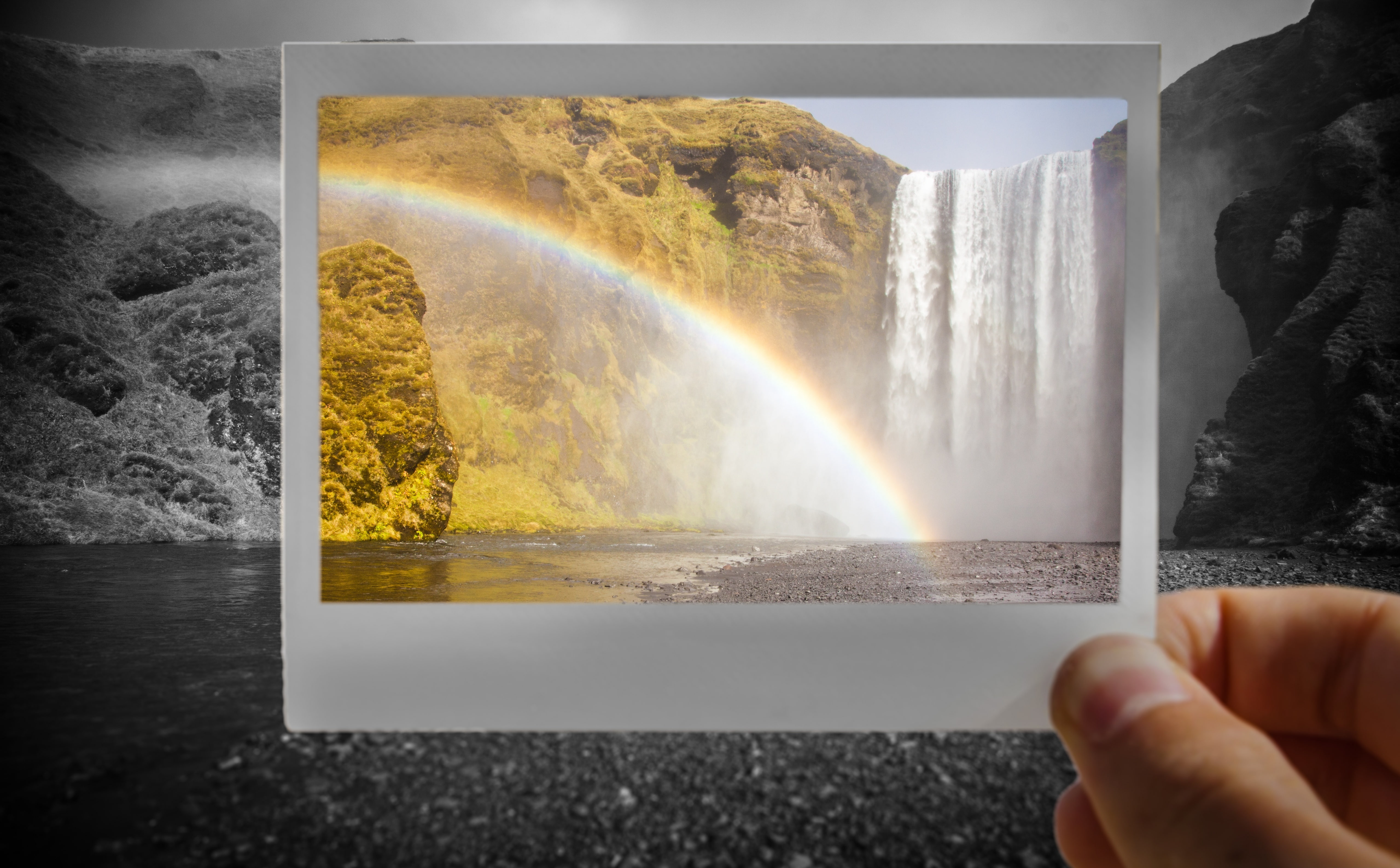 sea, human body part, frame, holding, beauty in nature, Waterfall, Landscape, Aero, body part, Rainbow, skogafoss, nature, Iceland, one person, outdoors, HD Wallpaper