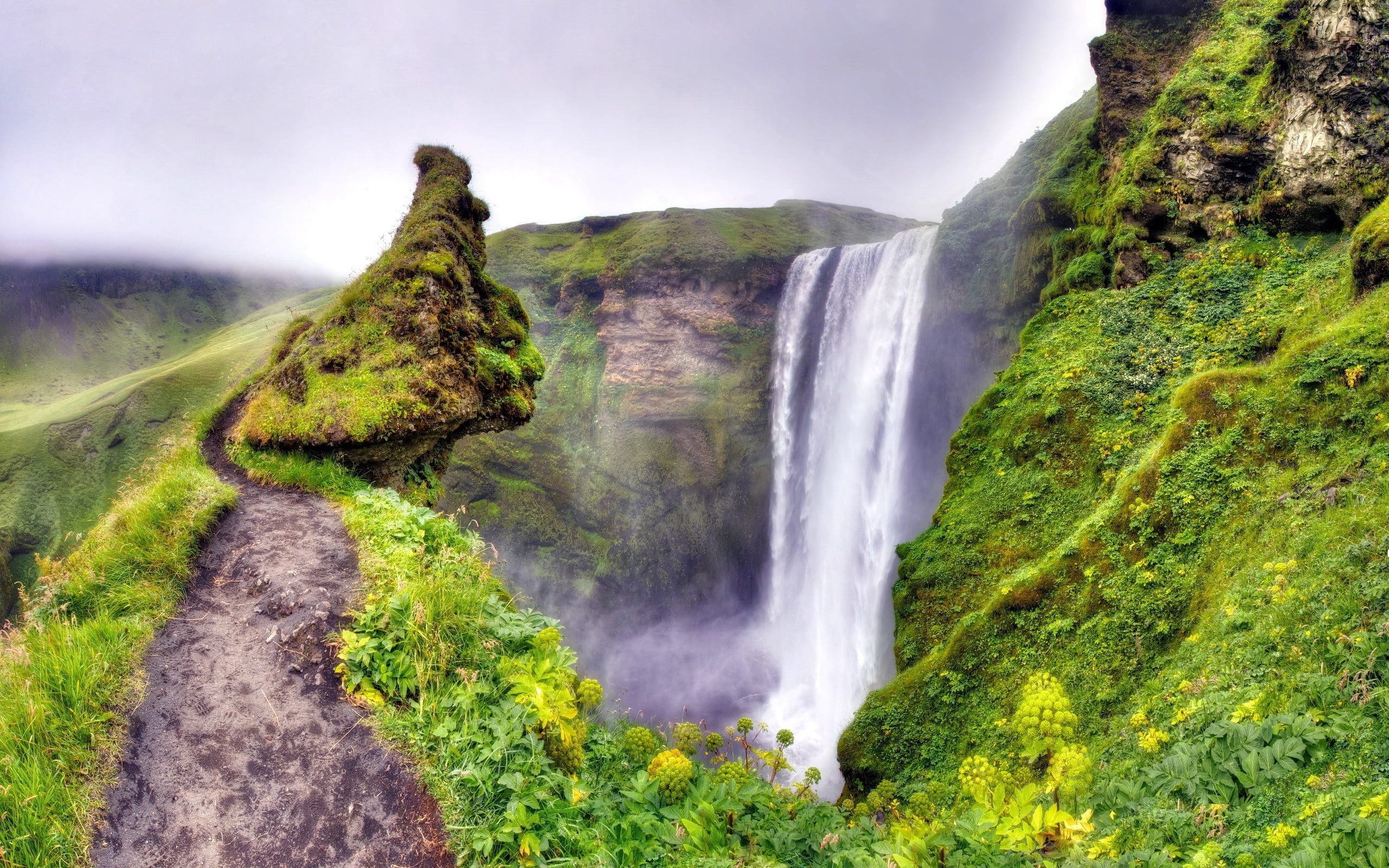 rock - Object, motion, seljalandsfoss Waterfall, scenics - nature, green Color, famous Place, scenics, nordic Countries, summer, wet, environment, no People, HD Wallpaper