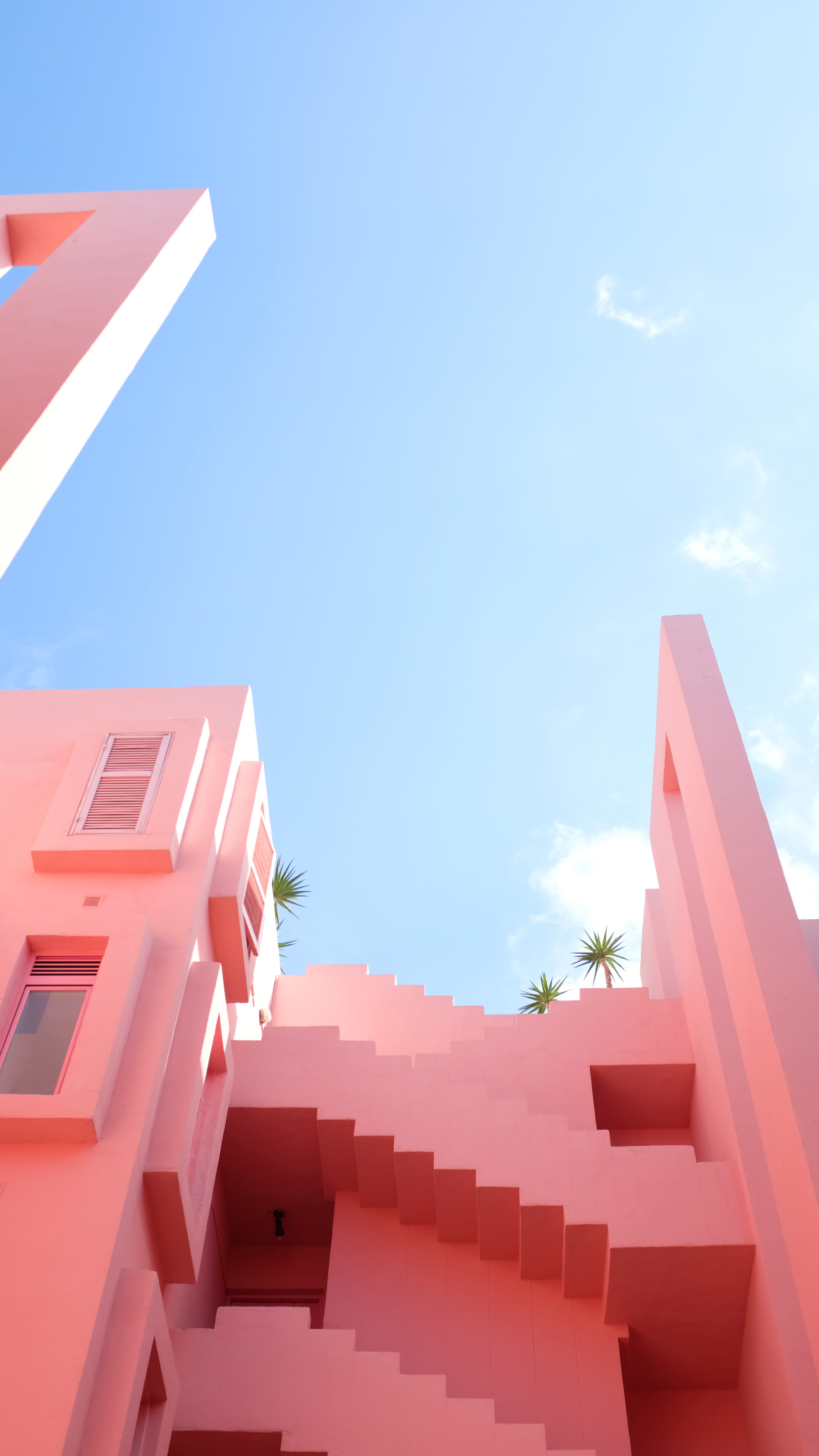 photography, day, palm tree, roof, low angle view, building exterior, red, window, concrete, pink, cloud, sun, sky, spain, 5K, multi colored, architect, Phone HD Wallpaper
