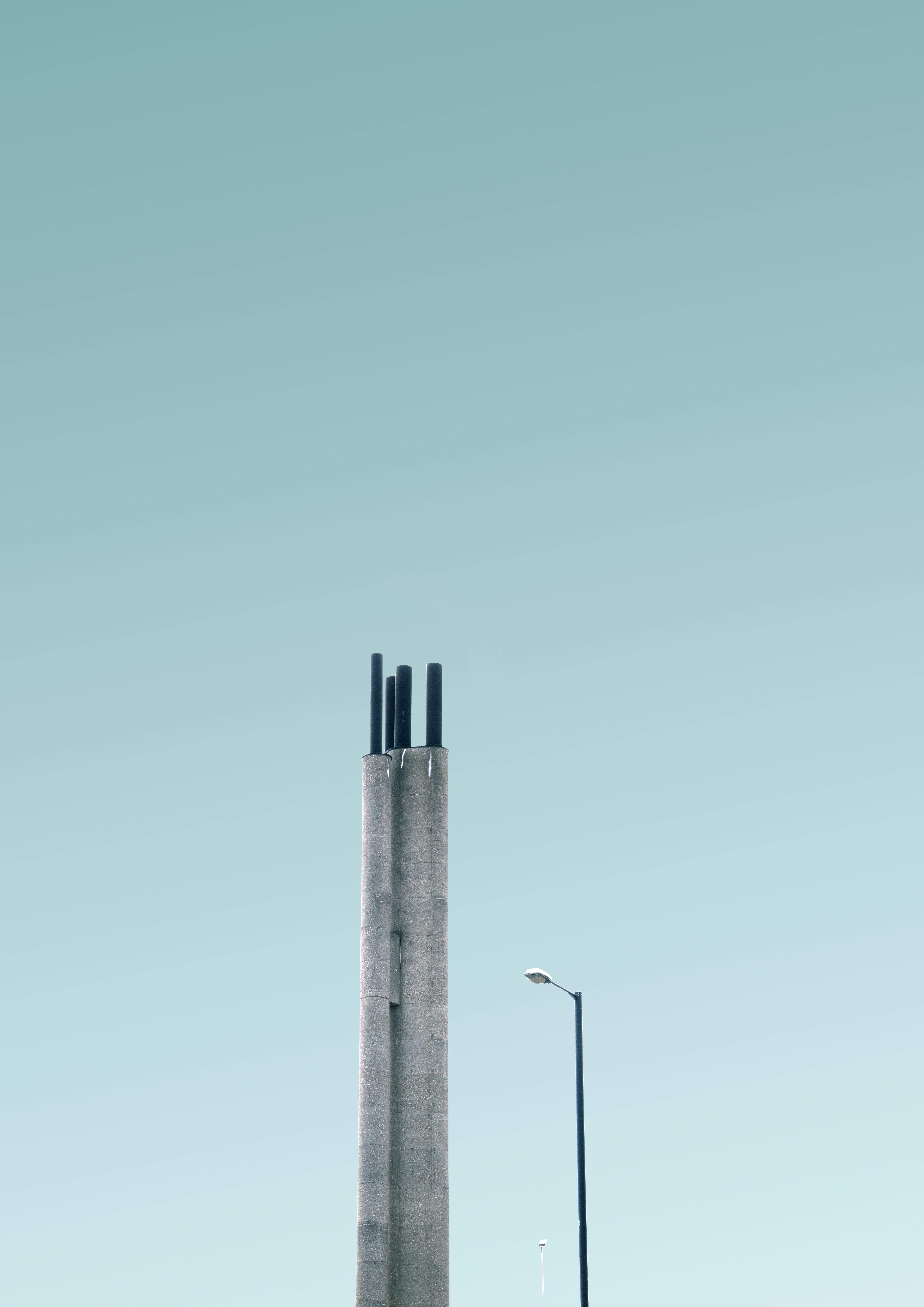 smoke stack, 8K, building, lamp, skyscraper, architecture, copy space, design, building exterior, minimal, concrete, metal, blue, factory, geometric, archiporn, Phone HD Wallpaper