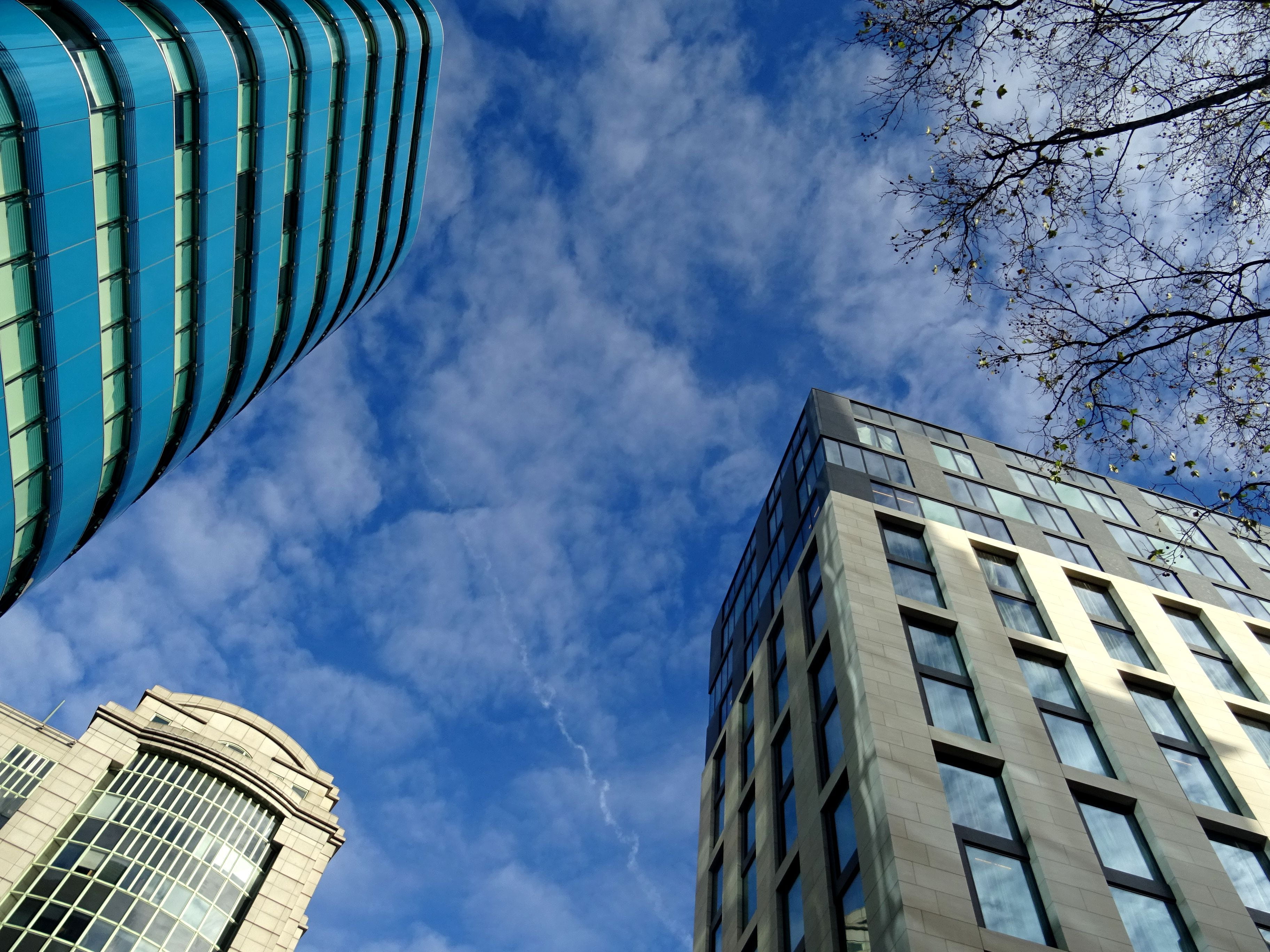 glass windows, glass - material, sky, skyscrapers, shot, offices, building exterior, built structure, architecture, glass panels, windows, office, office building exterior, HD Wallpaper