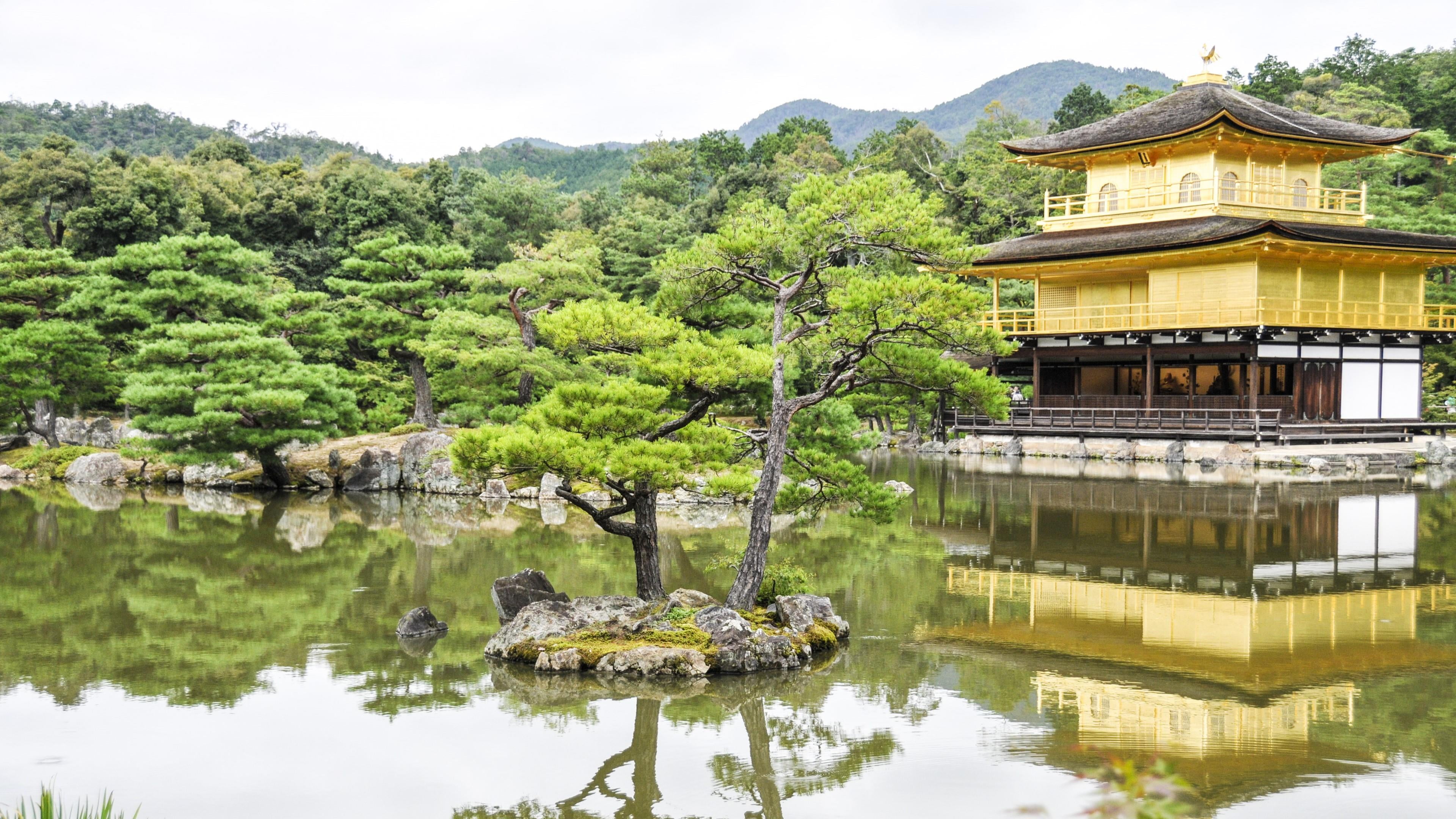 buddhist, belief, day, no people, kyoto, building exterior, tourist attraction, outdoor structure, golden pavilion, japan, lake, temple, place of worship, HD Wallpaper