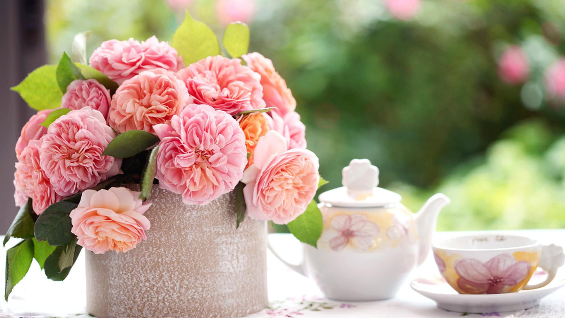 1080P, flowers, pink, desktop, leaves, roses, petals, HD Wallpaper