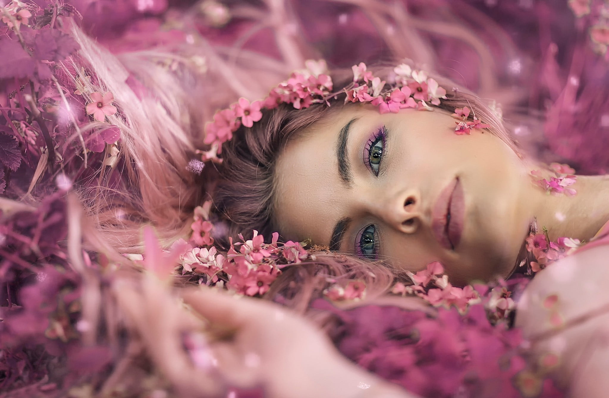 beauty in nature, hair, beauty, beautiful woman, pink flowers, music, 1080P, long hair, plant, outdoors, closeup, portrait, flower, flower petals, young women, HD Wallpaper