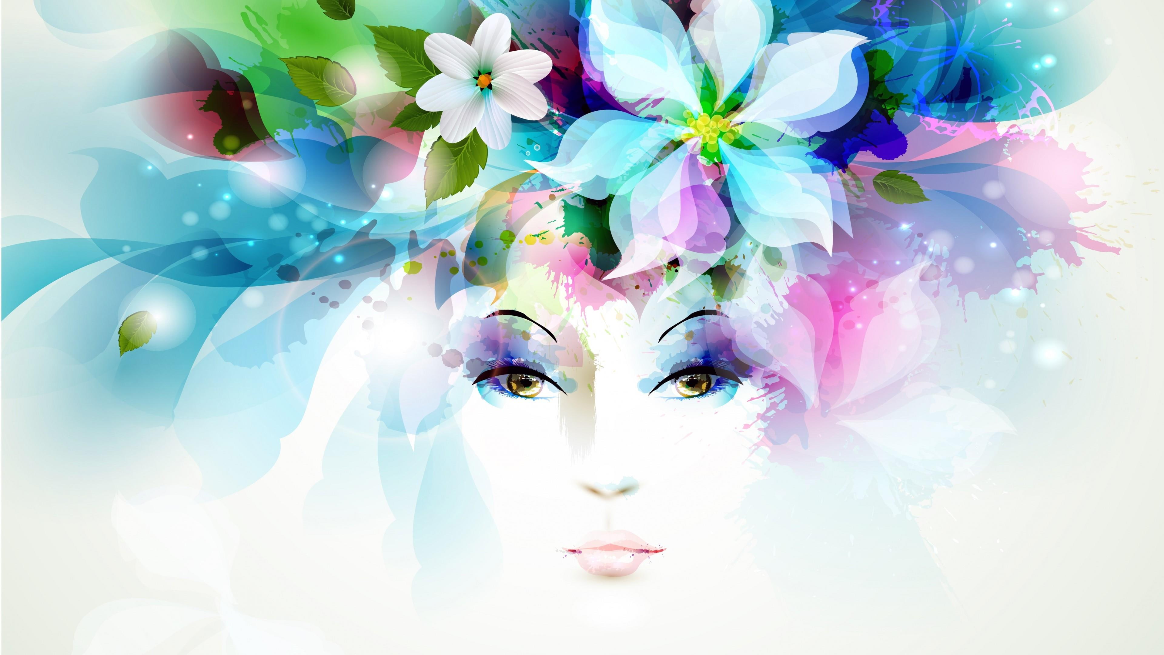 petals, butterfly, face, 4K, leaves, eyes, flowers, girl, art, spray, HD Wallpaper