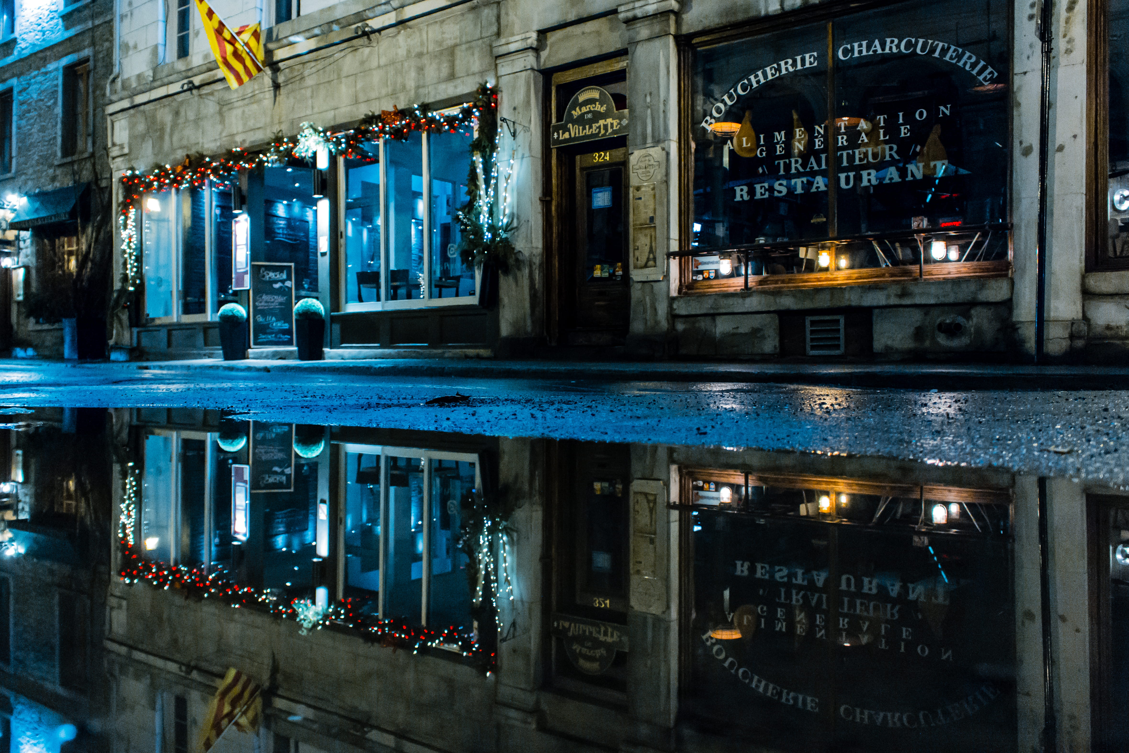 street, canal, reflection, rain, blue, architecture, waterfront, night, dusk, old, store, glowing, illuminated, lighting equipment, old montreal, window, HD Wallpaper