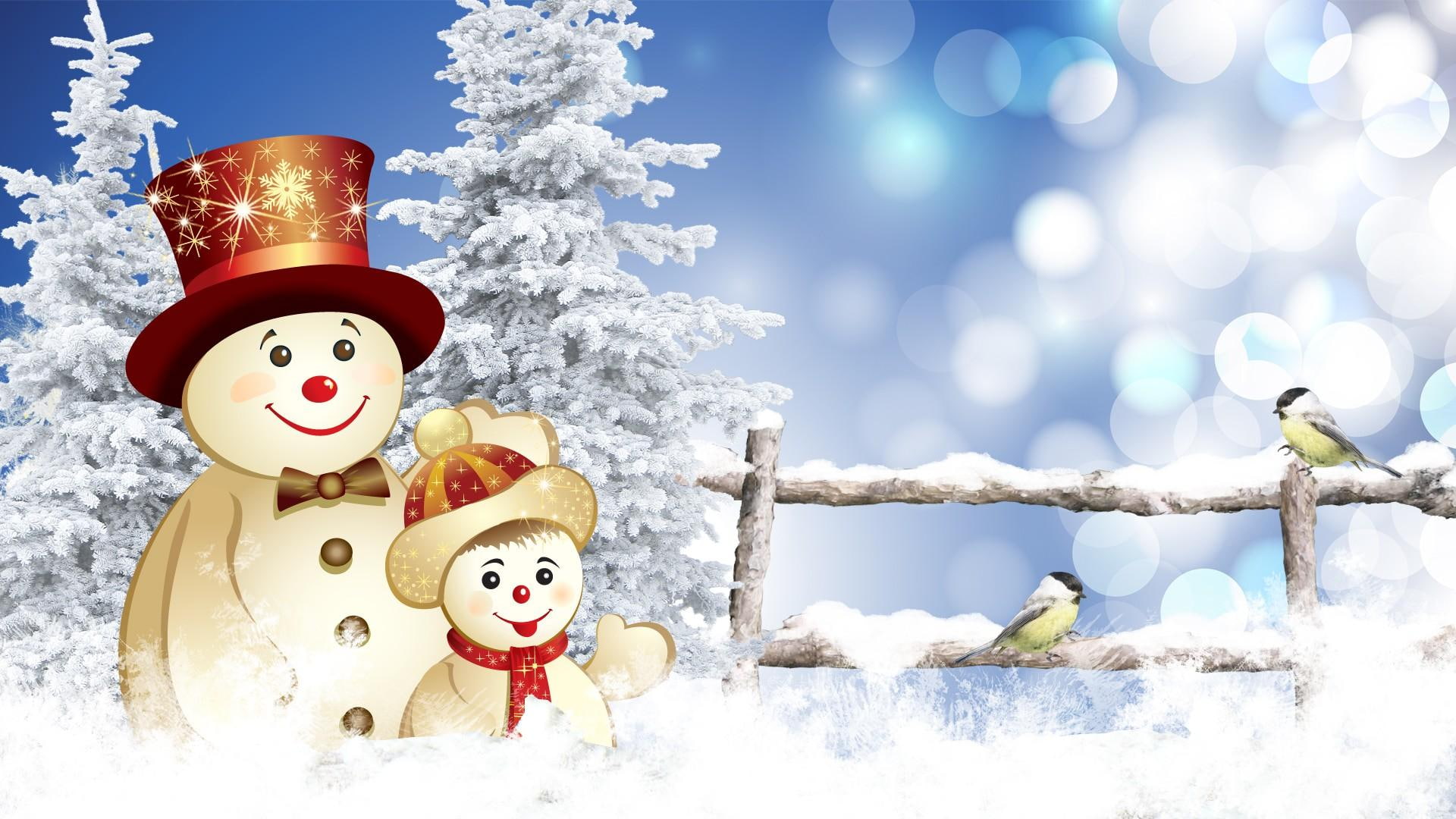 winter, bokeh, new years, days, winters, trees, 3d and abstract, birds, 1080P, snow, snowman, fence, best, christmas, HD Wallpaper