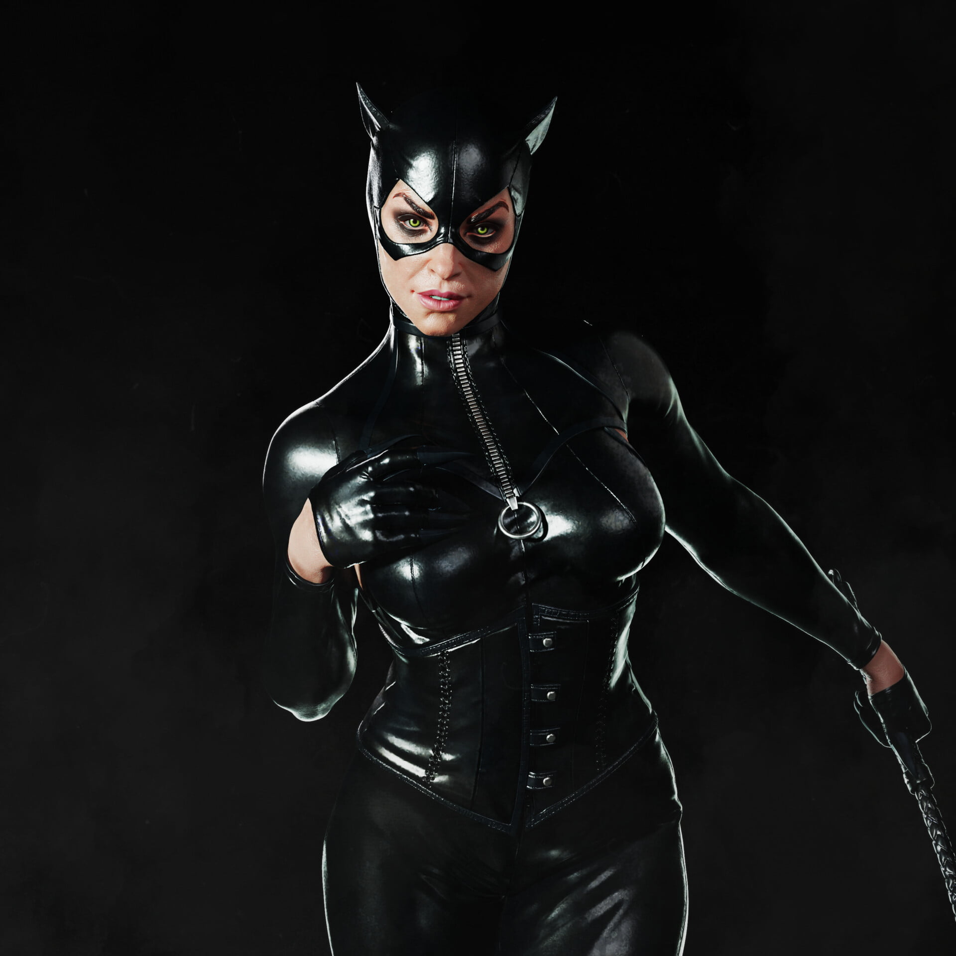 latex, cat eyes, women, Catwoman, black background, simple background, mask, looking at viewer, glowing eyes, digital art, 1080P, CGI, Phone HD Wallpaper