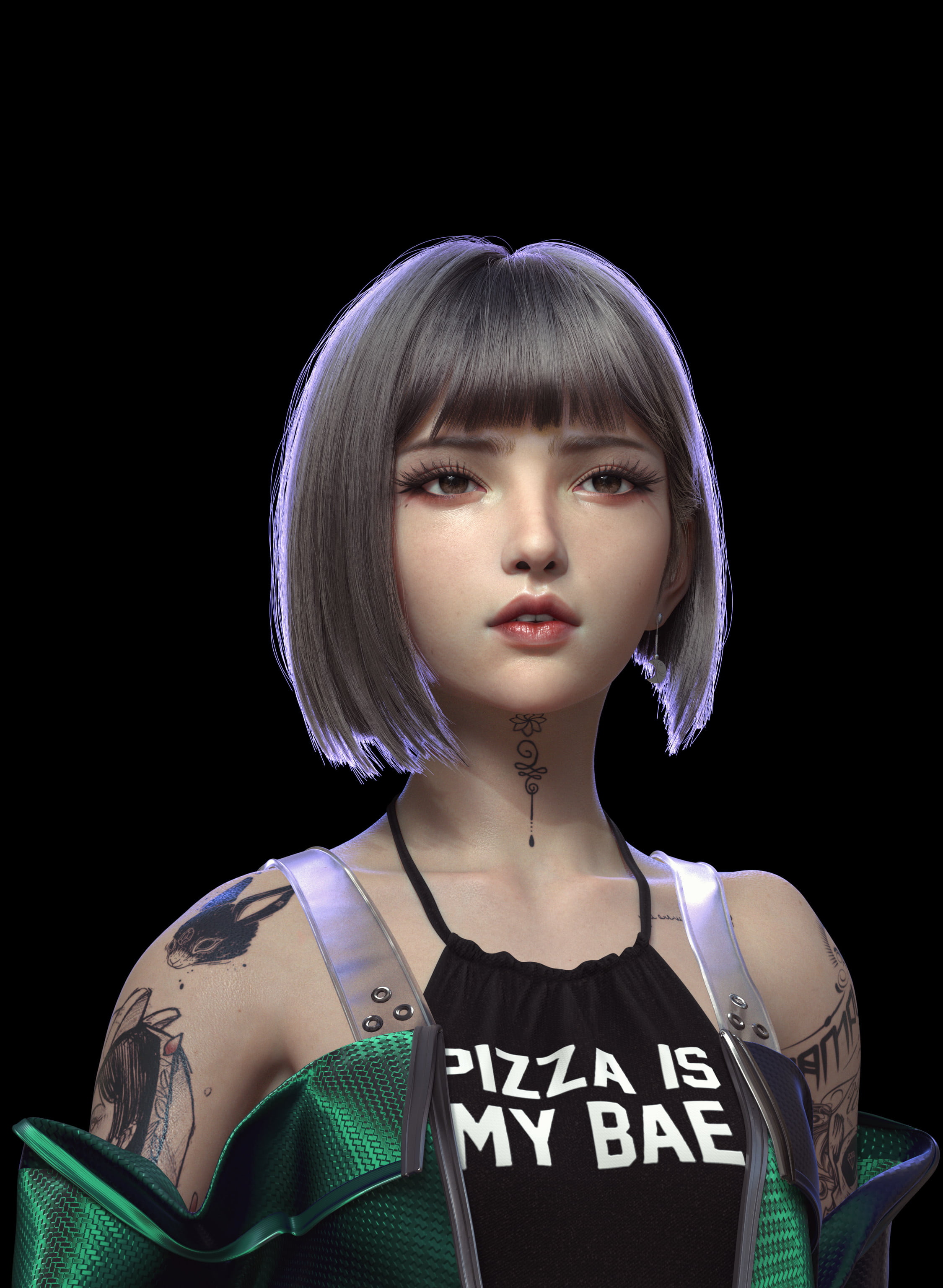 ArtStation, brown eyes, black background, digital art, portrait, 2K, women, short hair, looking away, face, portrait display, open mouth, Yihao Ren, tattoo, Phone HD Wallpaper