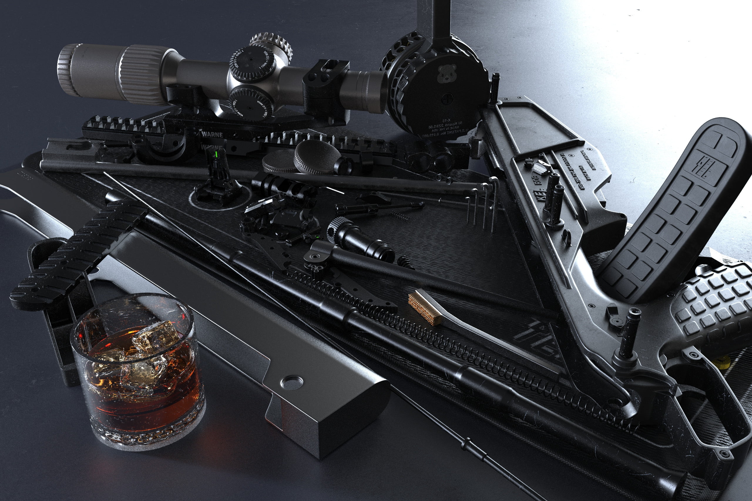 alcohol, assault rifle, Scotch, ice cubes, artwork, whisky glass, sniper rifle, CGI, whisky, gray background, scratches, 2K, Anthony Brun, 3D, digital art, HD Wallpaper