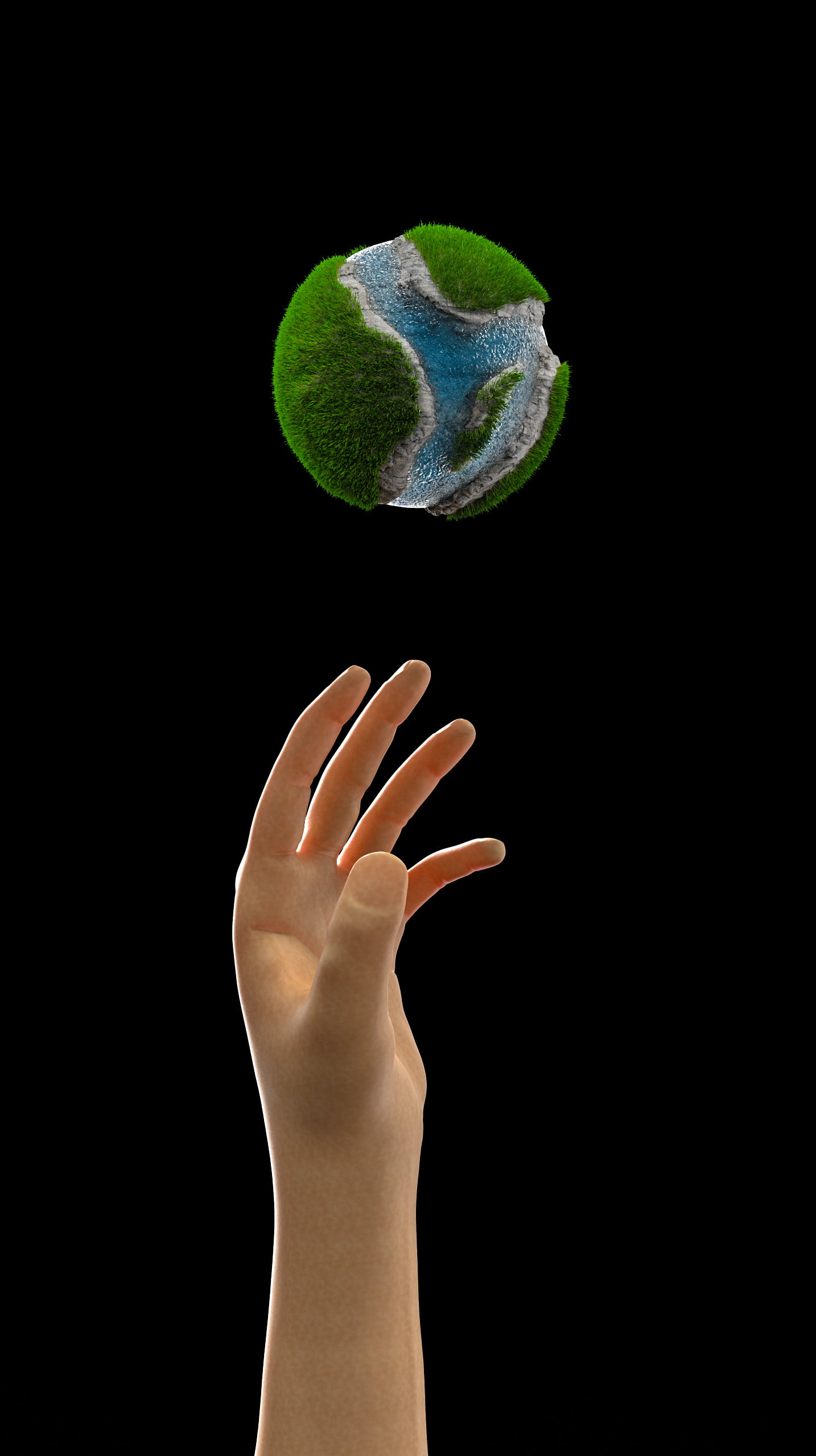 simple background, skin, grass, CGI, ocean view, minimalism, rendering, dark background, hand gesture, digital art, 2K, black art, 3D sculpture, globe, Phone HD Wallpaper