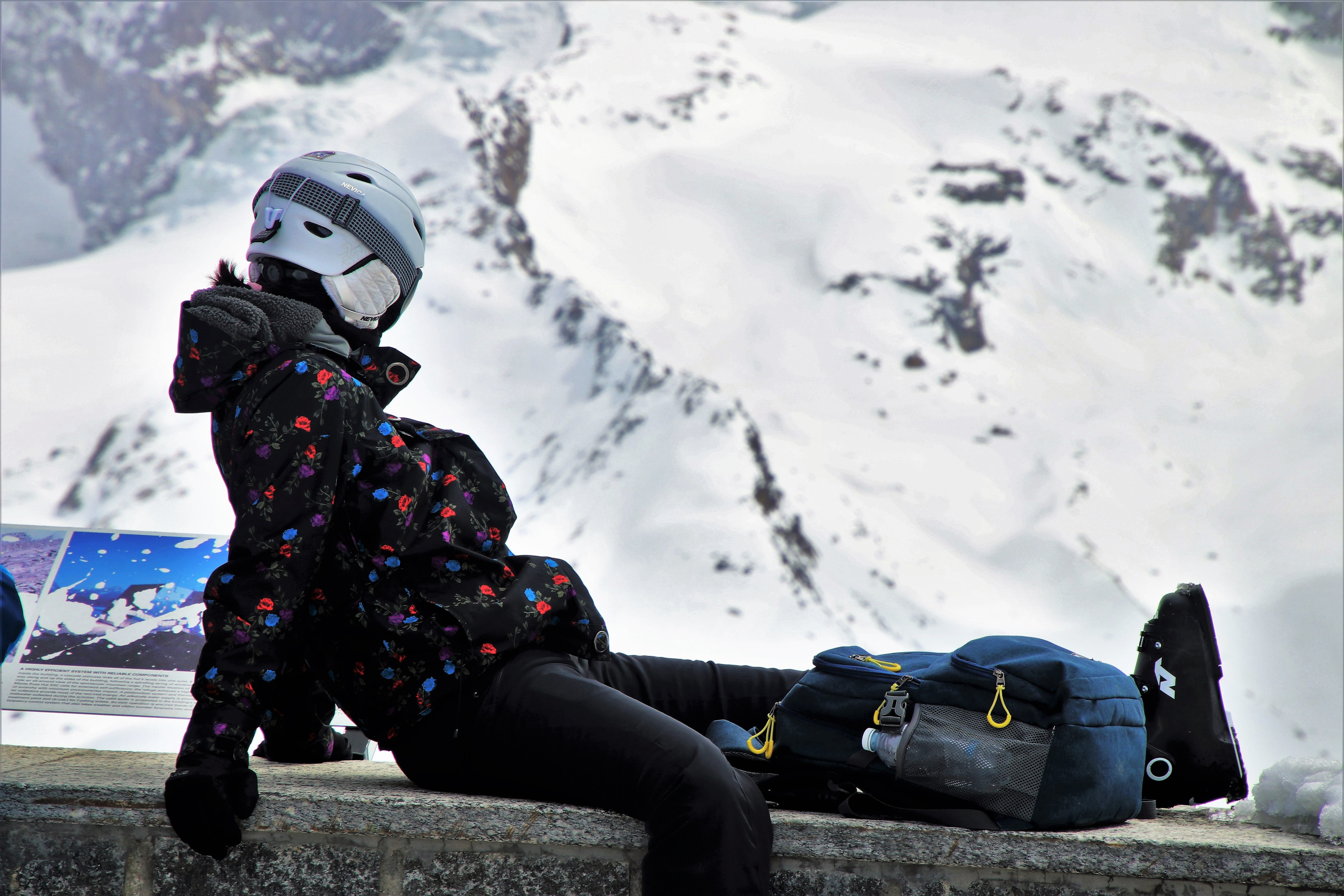 backpack, amazing, snow, jacket, nature, people, at the court of, leisure activity, flower, rest, mountains, one person, sports helmet, ski, tops, the height of the, HD Wallpaper