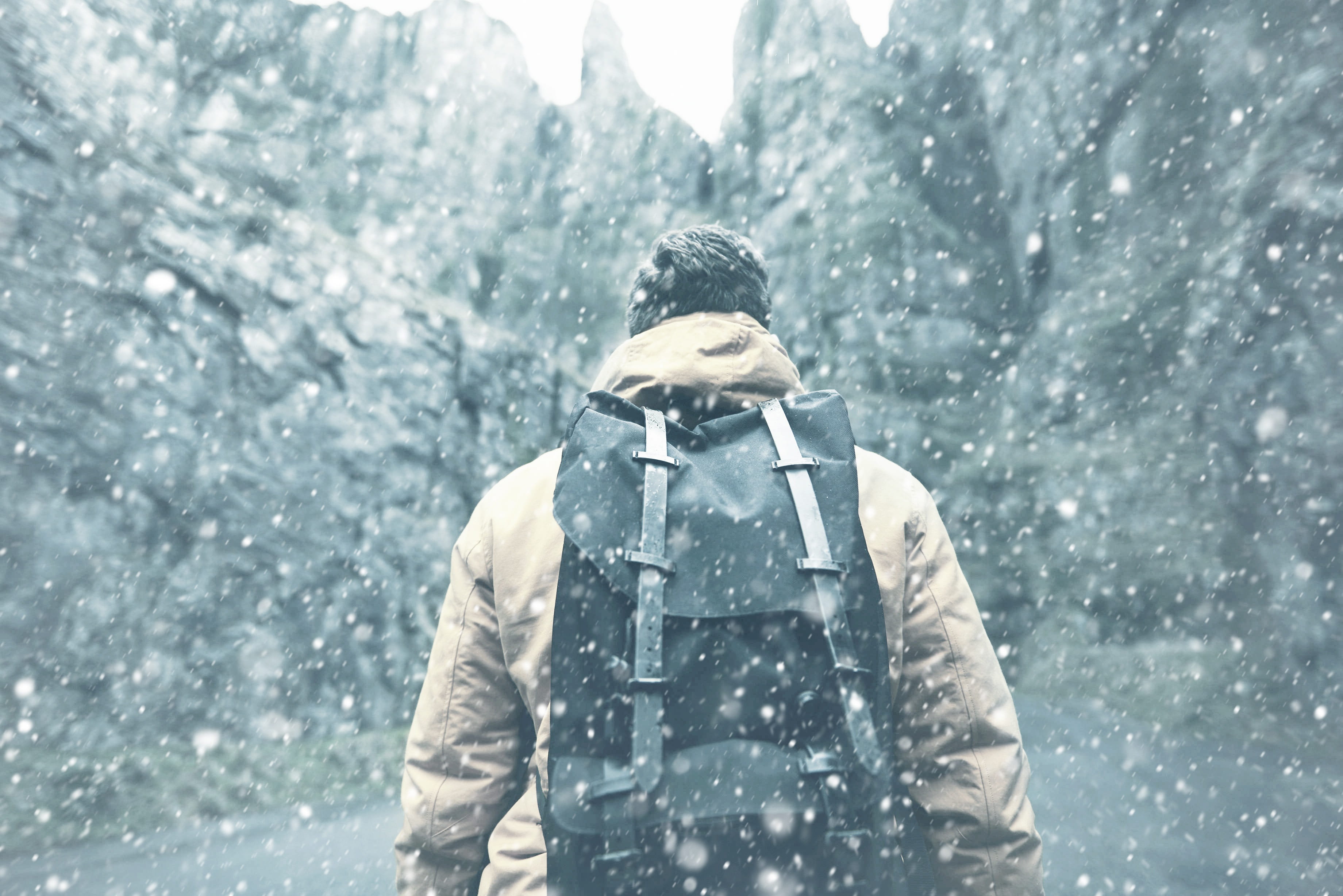 outdoors, valley, warm clothing, jacket, extreme weather, road, black, snow, mood, man, travel, nature, cold, landscape, adventure, away, ice, clothing, HD Wallpaper