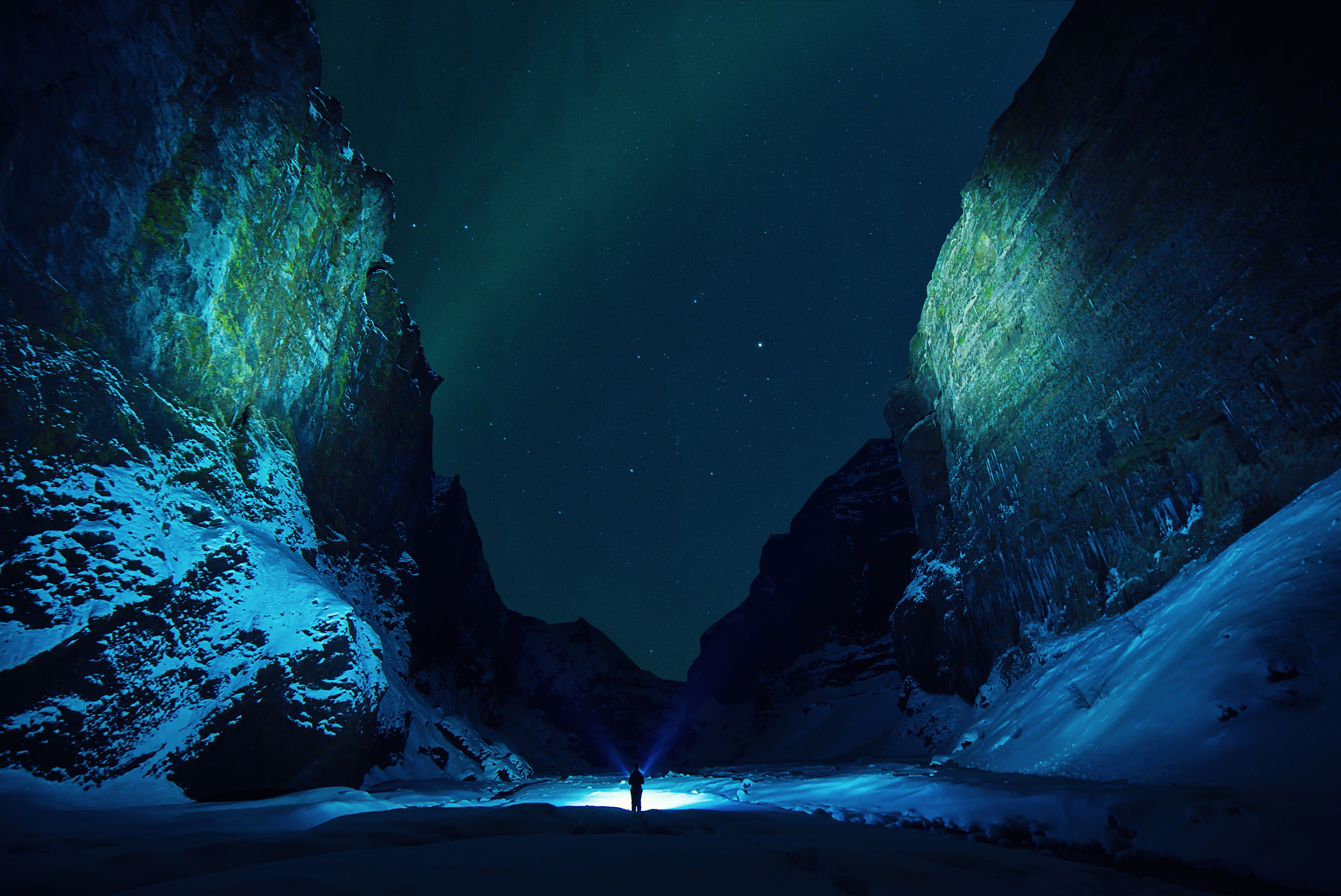 outdoor, tranquil scene, flashlights, beauty in nature, person, star - space, travel, space and astronomy, blue, landscape, frozen, night, ice, sky, space, HD Wallpaper