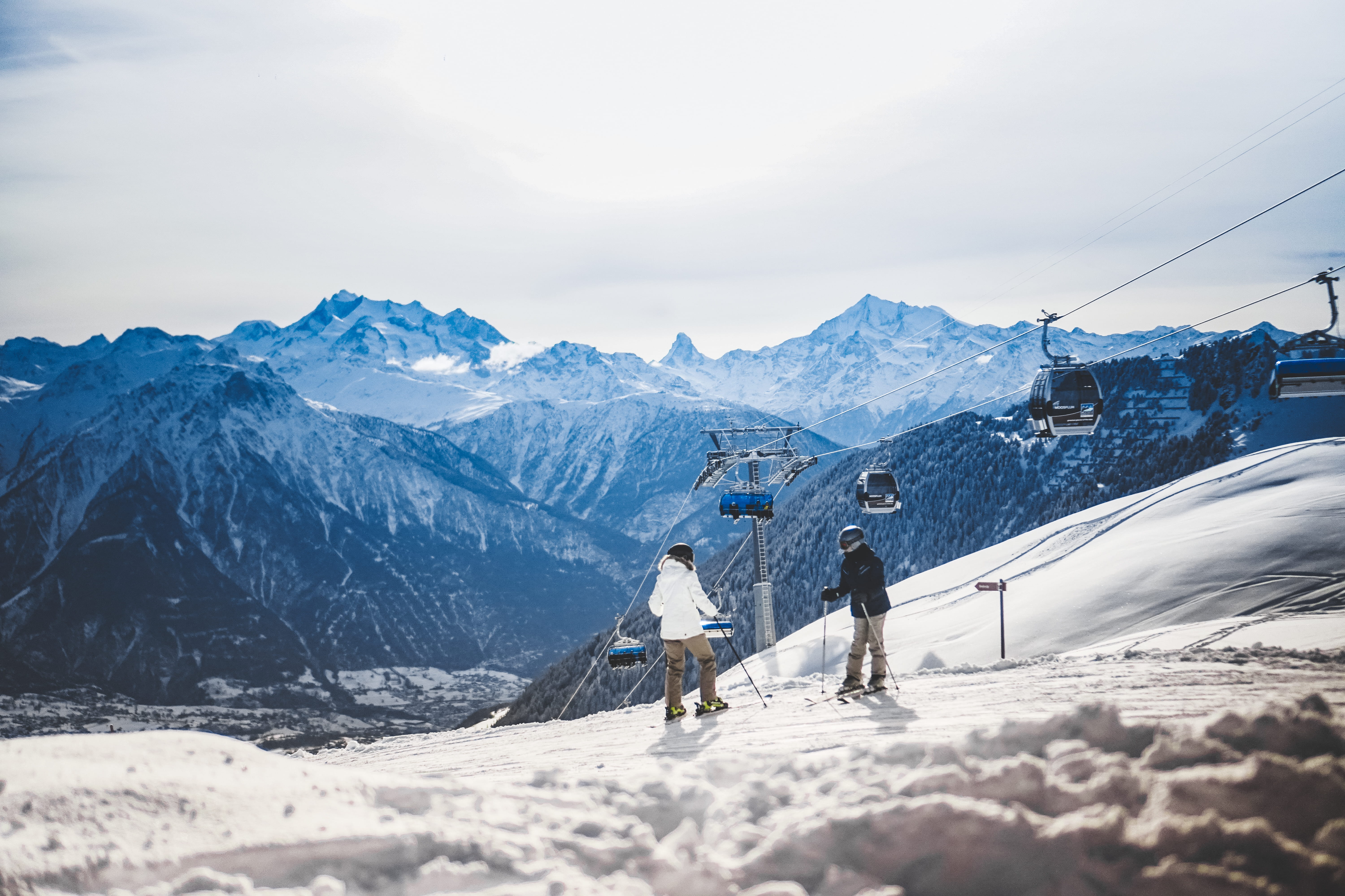 cable, cars, glacier, cable car, two, snow, environment, 5K, mountain range, winter sport, standing, ski-wear, warm clothing, mountain, cold temperature, HD Wallpaper