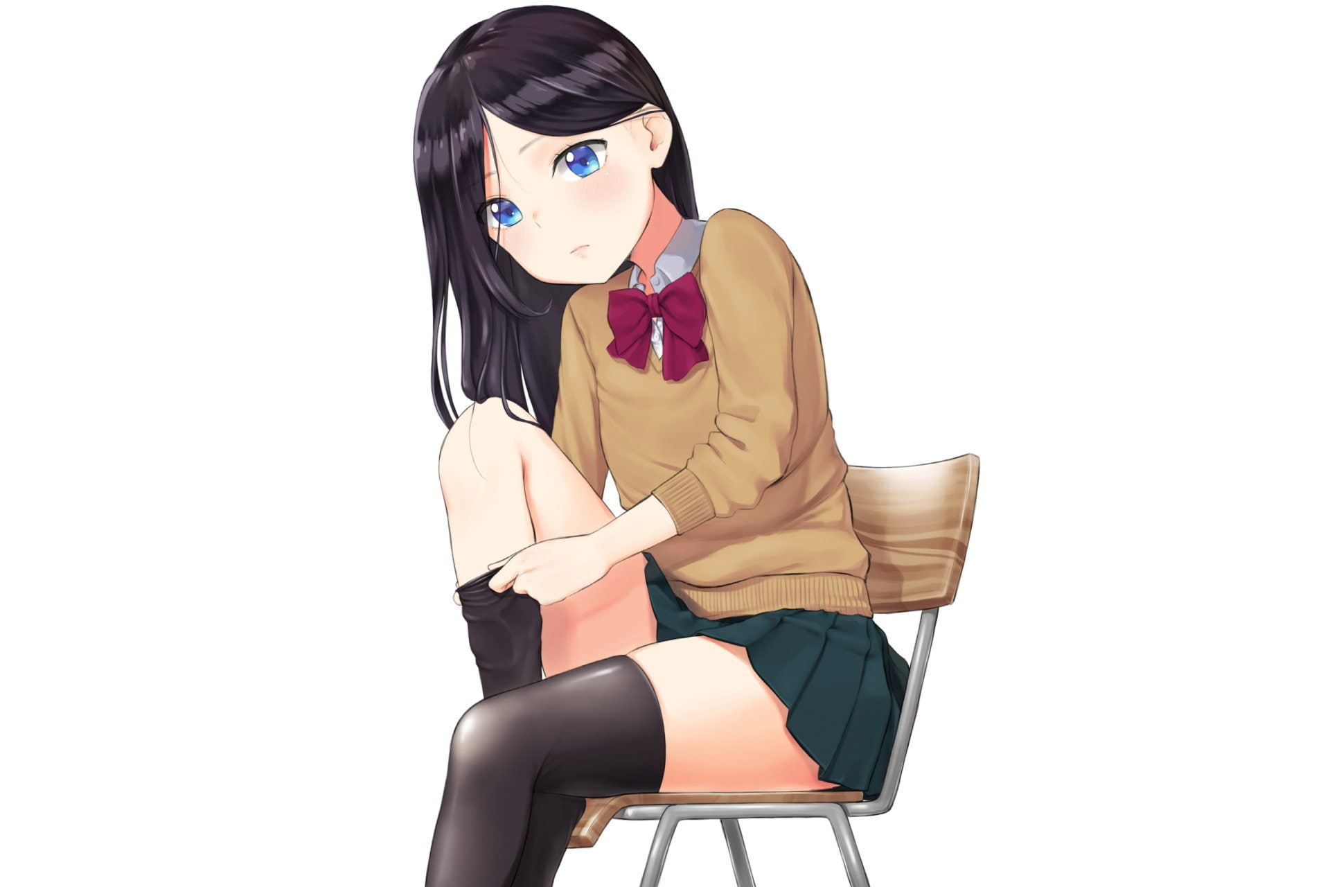 1080P, Black Hair, School Uniform, Long Hair, Blue Eyes, Thigh Highs, Anime, Original, Girl, Schoolgirl, HD Wallpaper