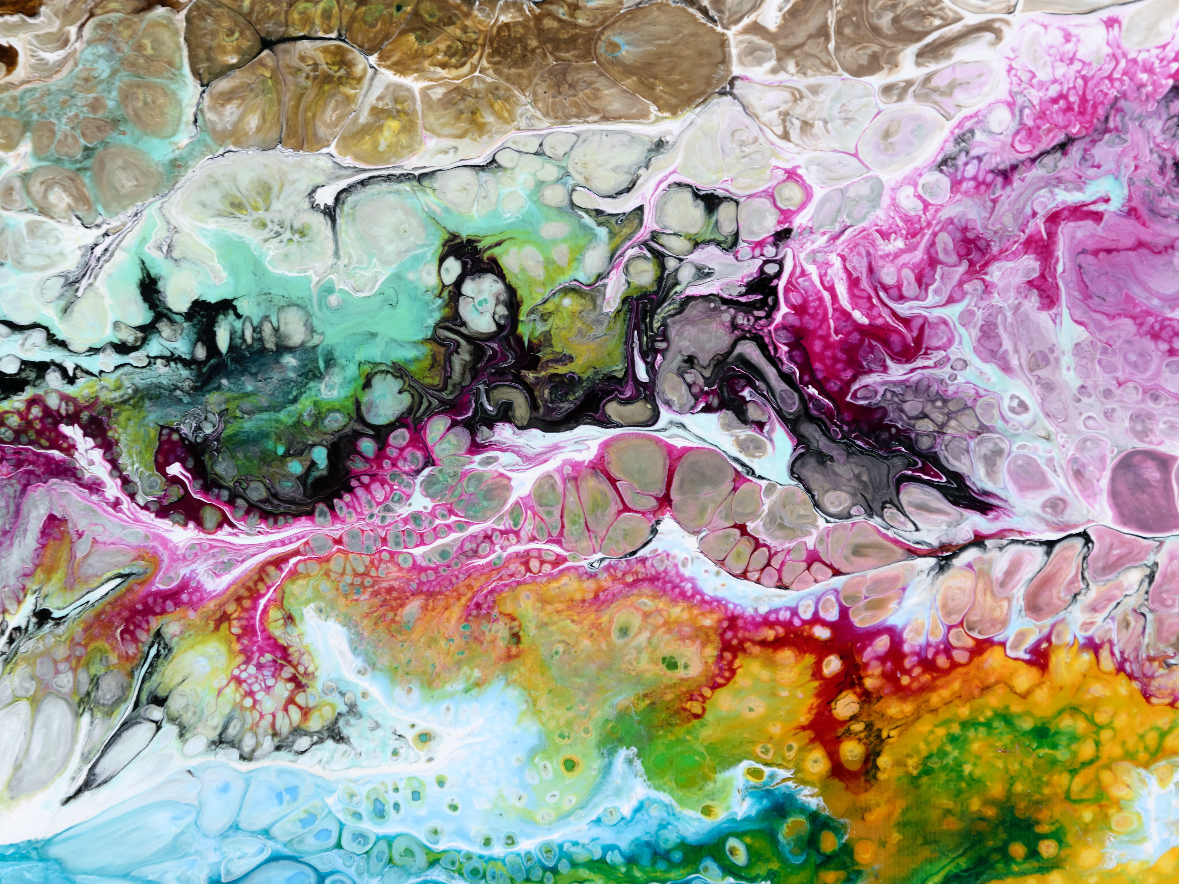 4K, paint tetxure, nature, texture, water, view, green, full frame, colorful painting, no people, artwork, background, multi colored, ink, close-up, HD Wallpaper
