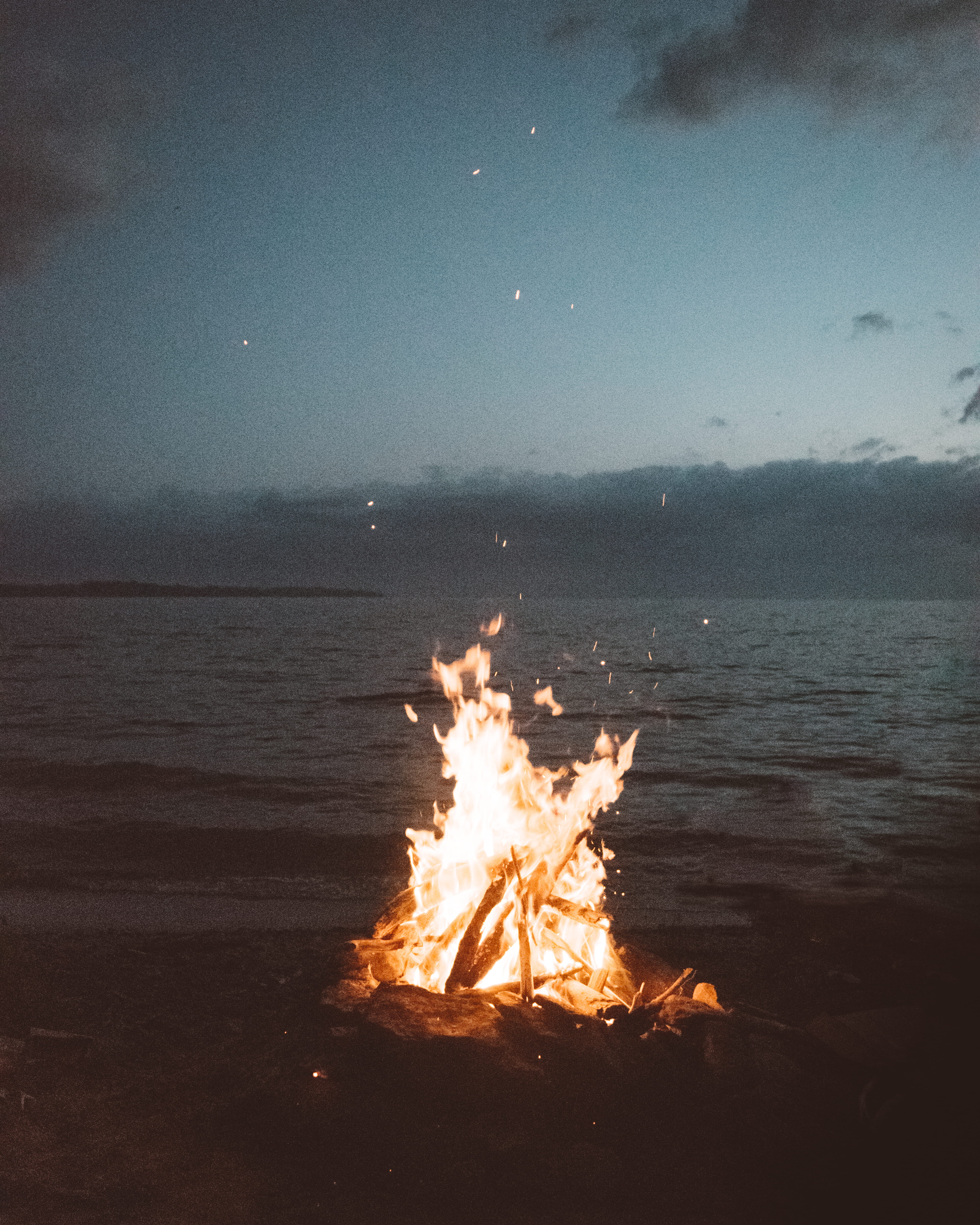 nighttime, sky, near, outdoors, sea, beauty in nature, hiking, 4K, no people, burning, water, fire - natural phenomenon, fire, night time, scenics - nature, Phone HD Wallpaper