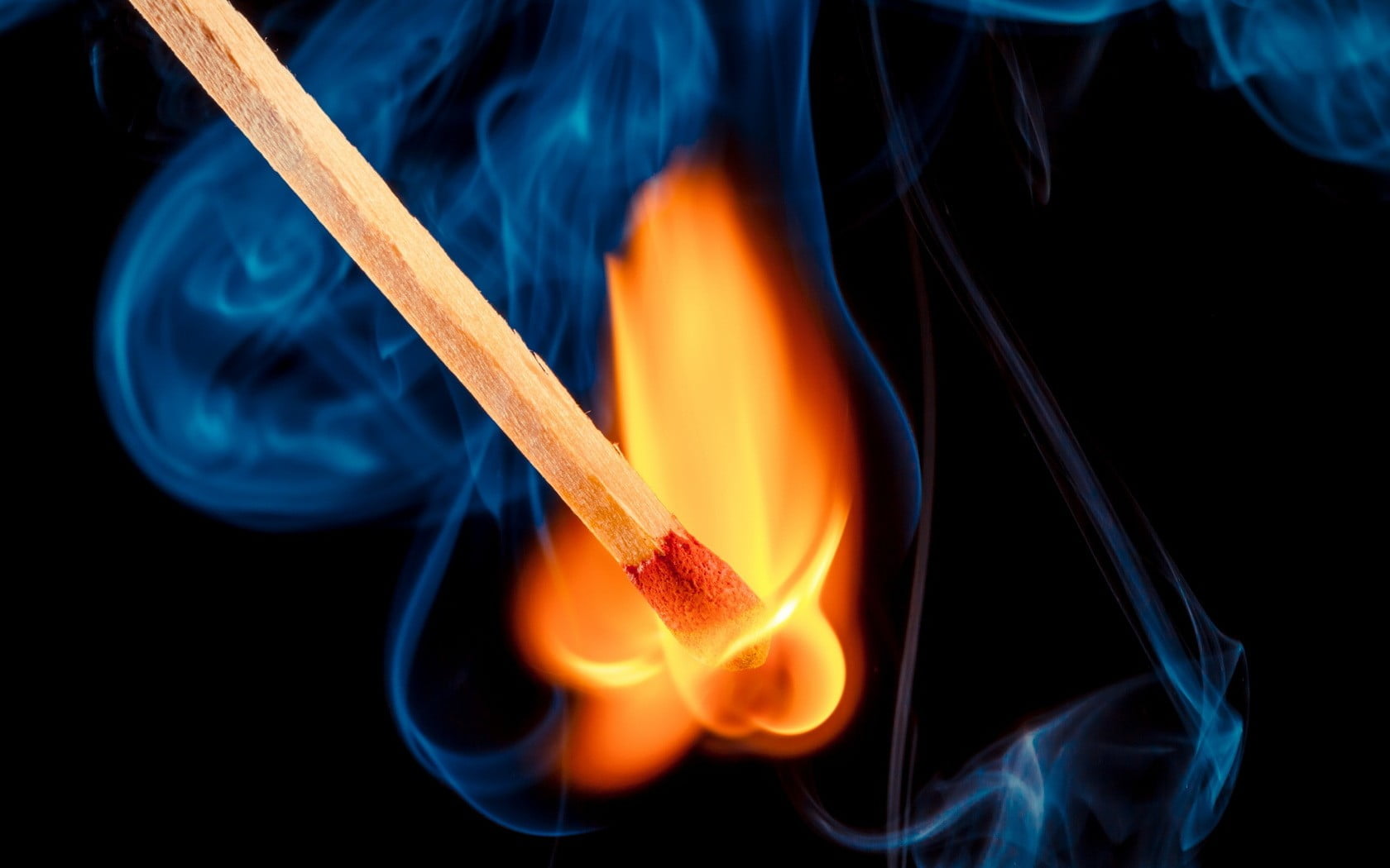 heat - temperature, close-up, motion, indoors, red, blue, 720P, warning sign, smoke - physical structure, plastic, matchstick, orange color, black background, HD Wallpaper