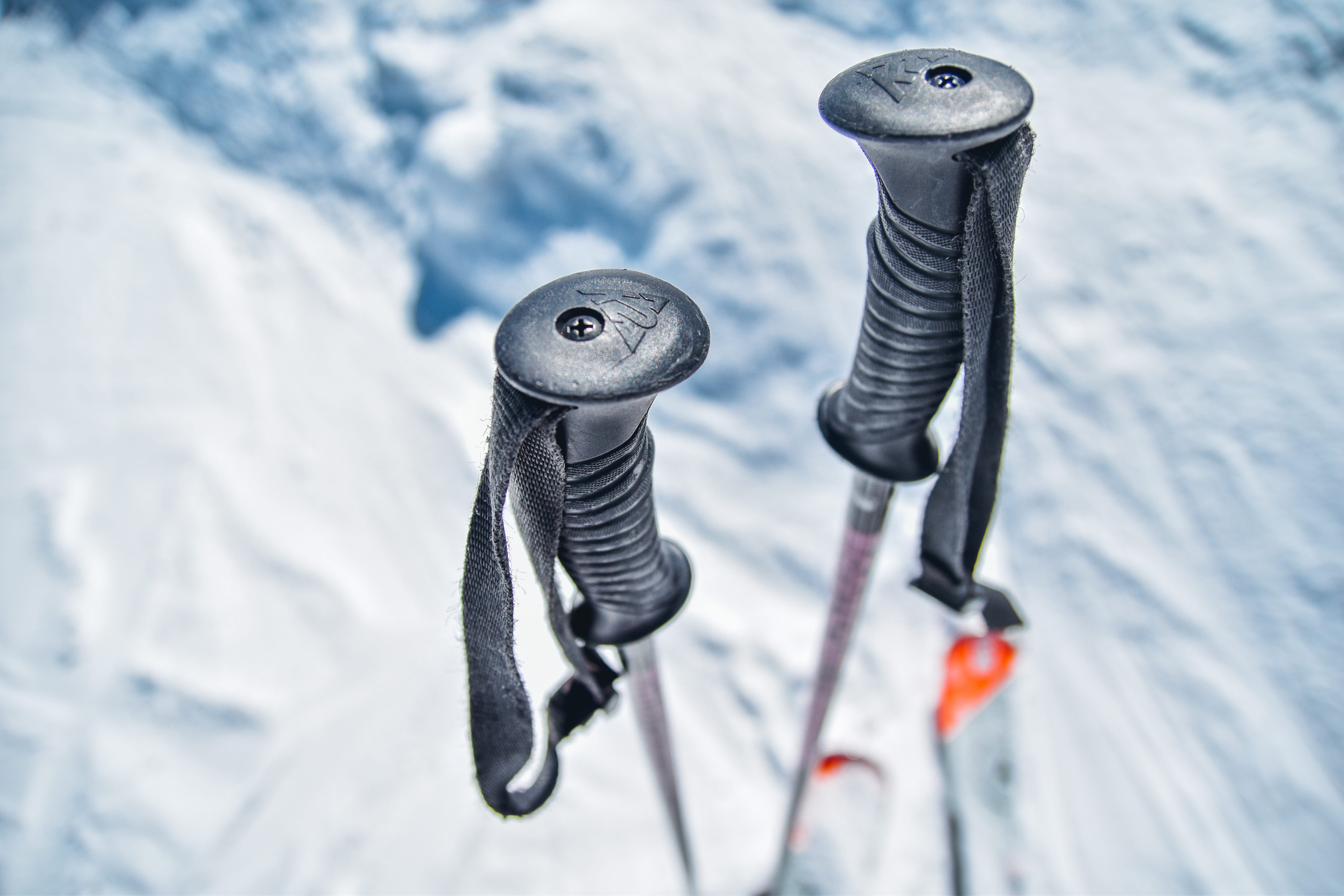 winter, bolt, photography, poles, outdoors, skis, sticks, mountain, pair, day, black, hand tool, shallow focus, focus on foreground, cold temperature, equipment, HD Wallpaper