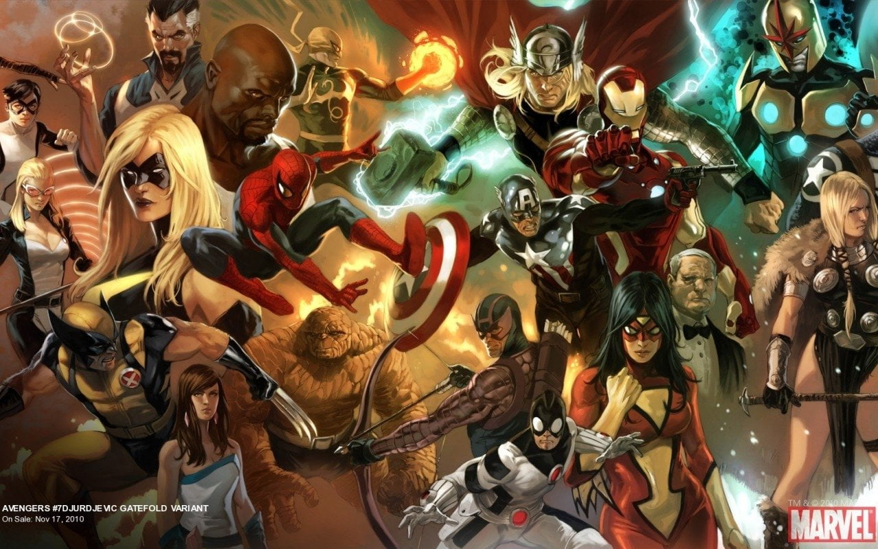 720P, Thor, Avengers, arts culture and entertainment, multi colored, no people, Spider-Woman, representation, Iron Man, male likeness, Spider-Man, art and craft, HD Wallpaper