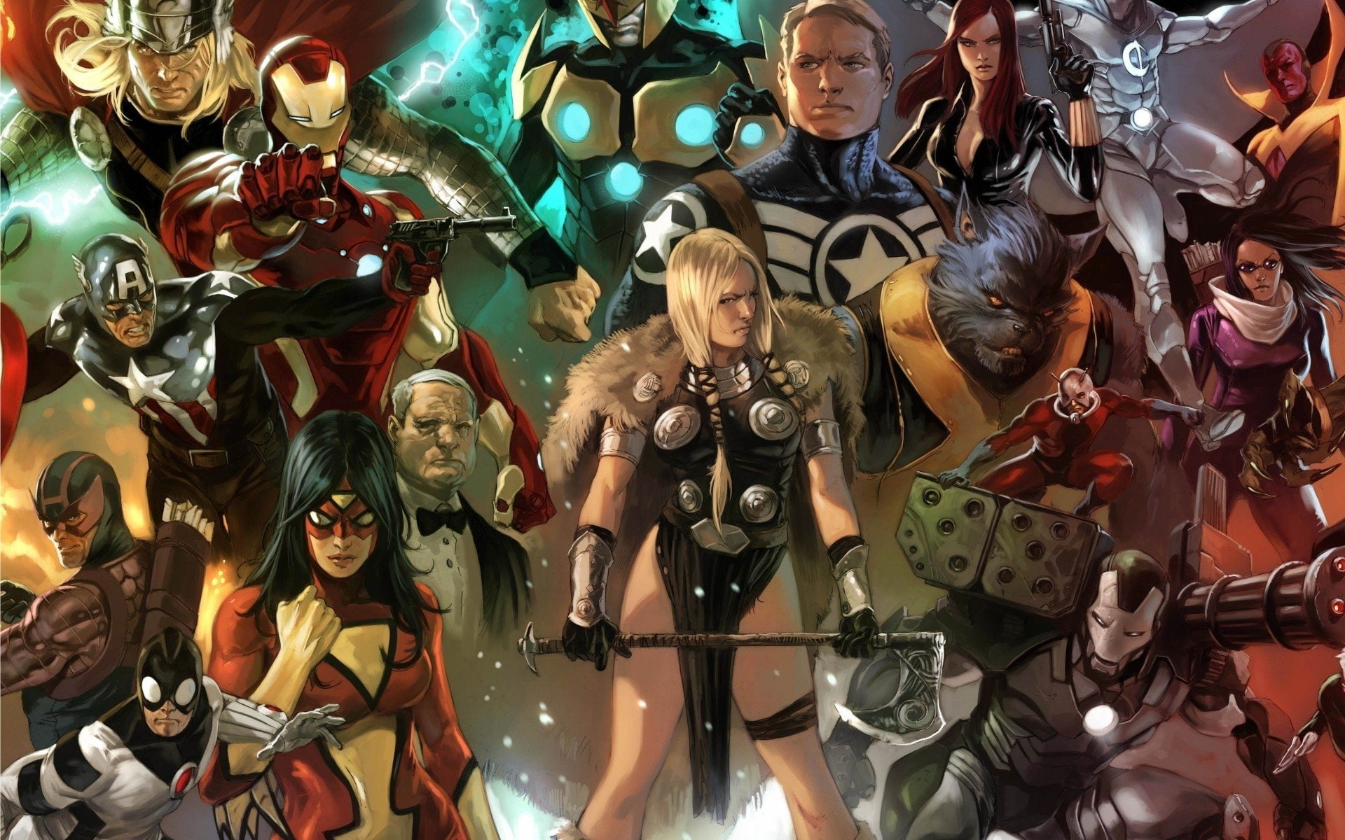 Beast (Marvel Comics), Iron Man, Nova (Marvel Comics), Thor, Collage, Hawkeye, Comics, Spider-Woman, 1080P, Captain America, HD Wallpaper