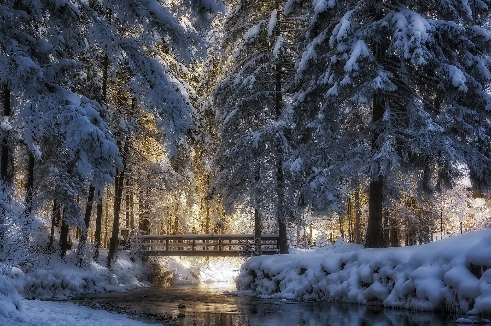 snow, nature, Rudi Moerkl, winter, trees, Park, ice, the bridge, 1080P, landscape, river, HD Wallpaper